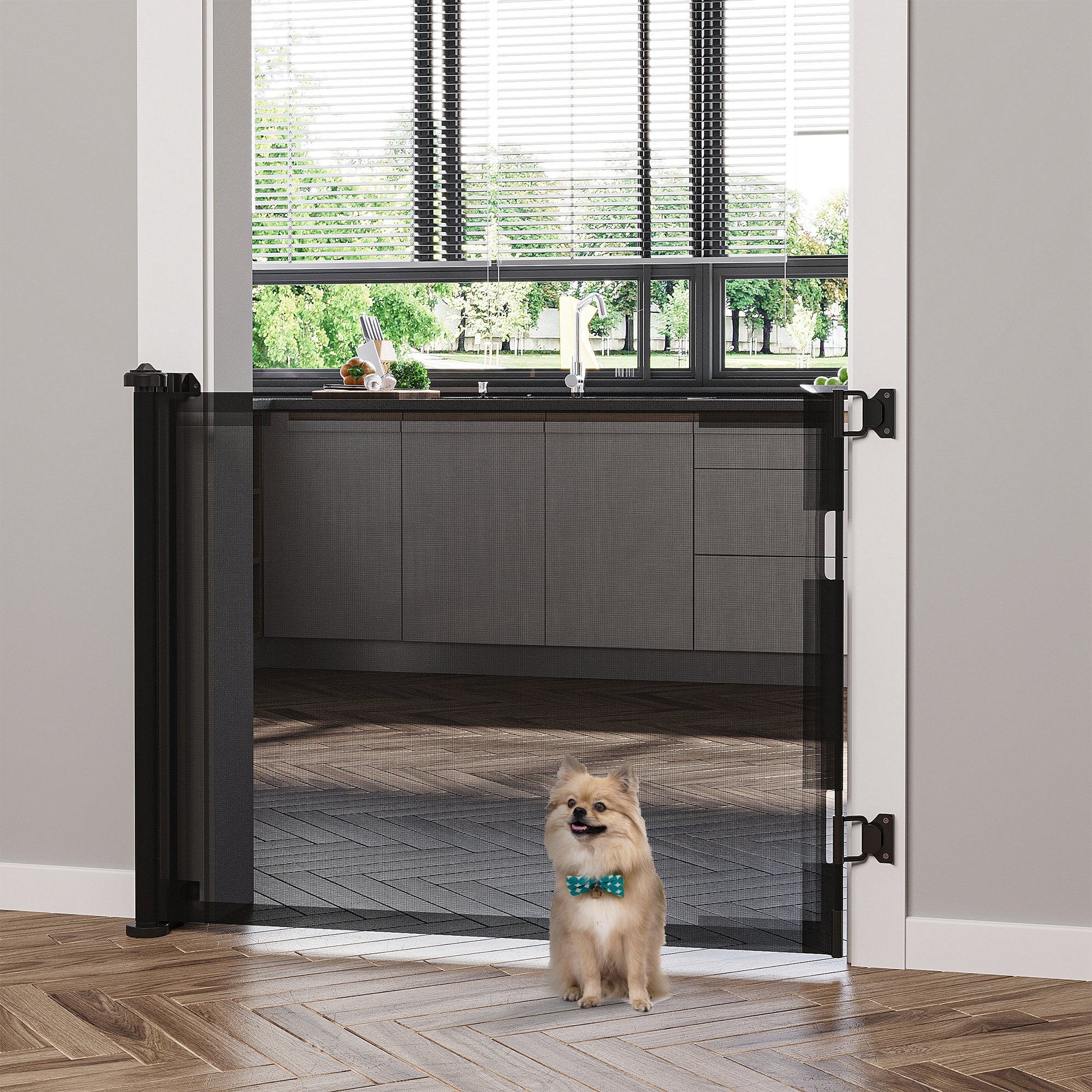 PawHut Retractable Stair Gate for Dogs 150cm Extendable, 85cm Tall, Extra Wide Foldable Mesh Pet Safety Gate w/ Single Hand Operation, for Stairs, Doorways, Hallways - Black
