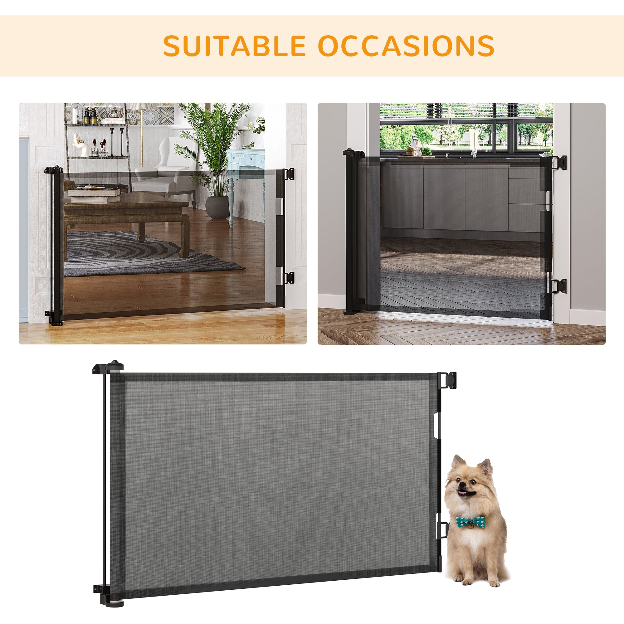 PawHut Retractable Stair Gate for Dogs 150cm Extendable, 85cm Tall, Extra Wide Foldable Mesh Pet Safety Gate w/ Single Hand Operation, for Stairs, Doorways, Hallways - Black