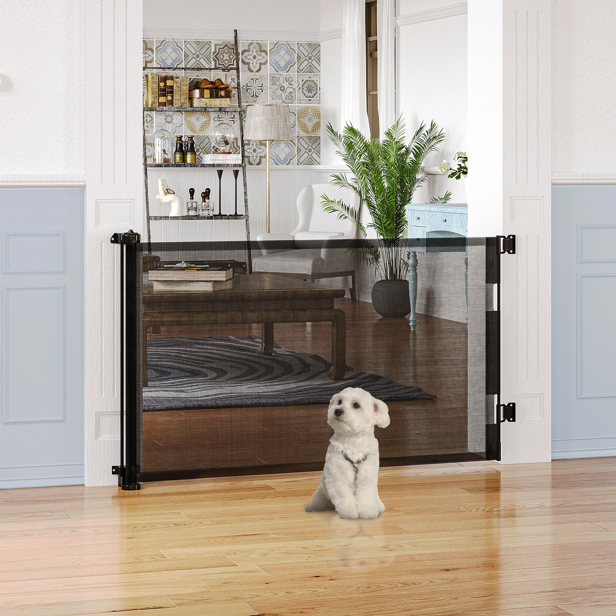 PawHut Retractable Stair Gate for Dogs 150cm Extendable, 85cm Tall, Extra Wide Foldable Mesh Pet Safety Gate w/ Single Hand Operation, for Stairs, Doorways, Hallways - Black