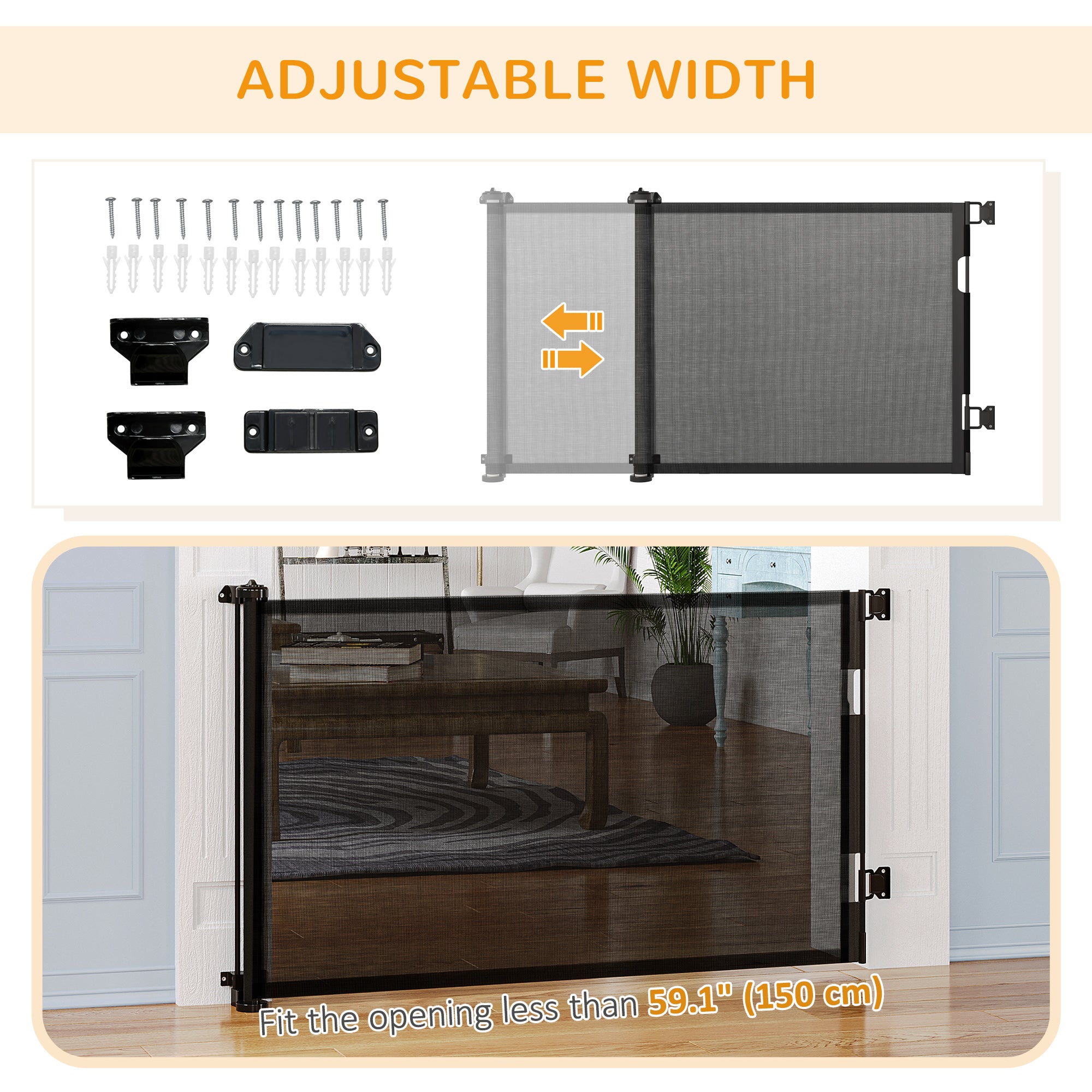 PawHut Retractable Pet Gate, 33.5" Tall, Extends to 59.1" Wide, Foldable Mesh Dog Gate for house, w/ Single Hand Operation, for Stairs, Doorways, Hallways - Black