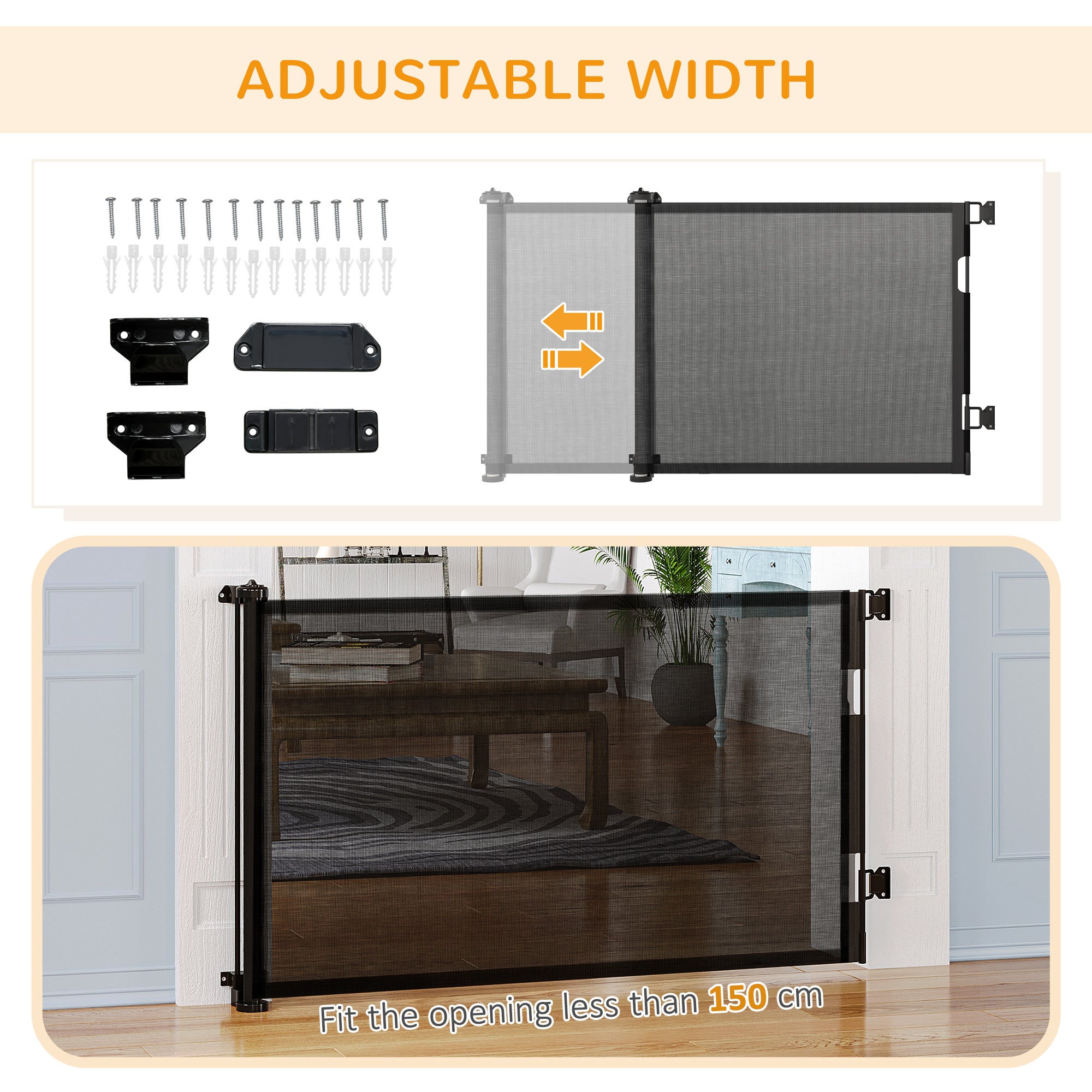 PawHut Retractable Stair Gate for Dogs 150cm Extendable, 85cm Tall, Extra Wide Foldable Mesh Pet Safety Gate w/ Single Hand Operation, for Stairs, Doorways, Hallways - Black