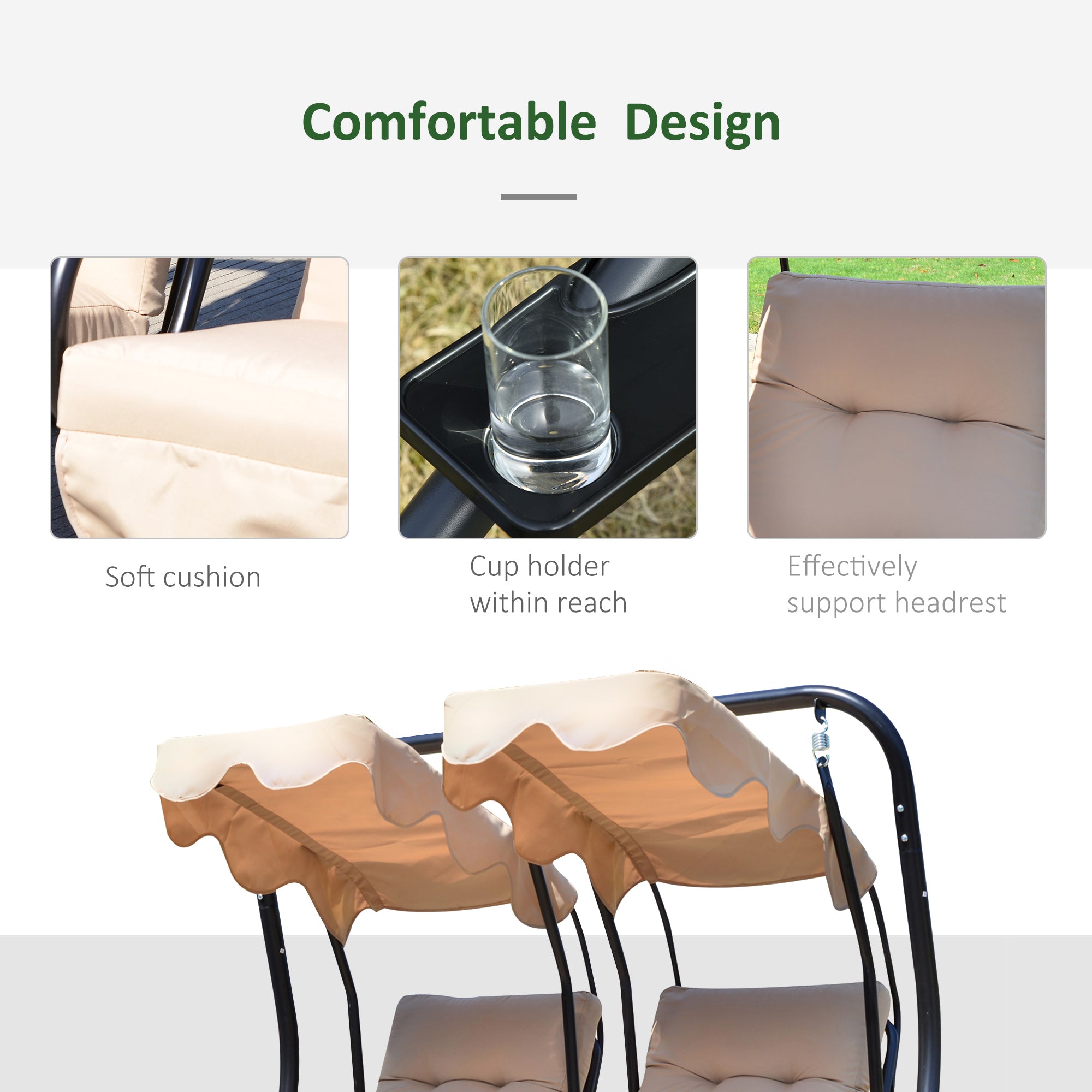 Outsunny Luxury Porch Swing Metal Outdoor Swing Chair 2 Separated Seater Hammock Heavy-Duty with Canopy and Cushions, Beige