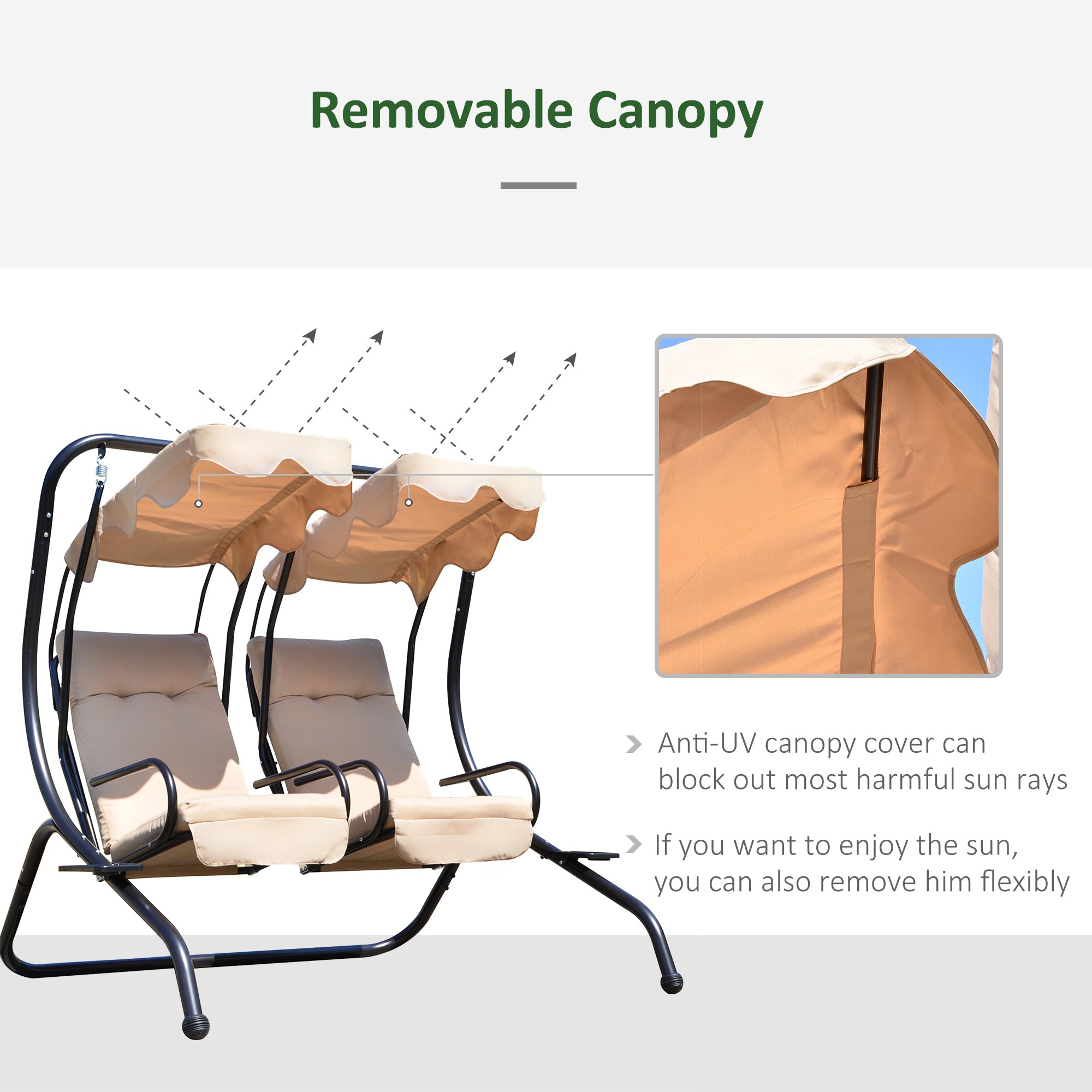 Outsunny Luxury Porch Swing Metal Outdoor Swing Chair 2 Separated Seater Hammock Heavy-Duty with Canopy and Cushions, Beige