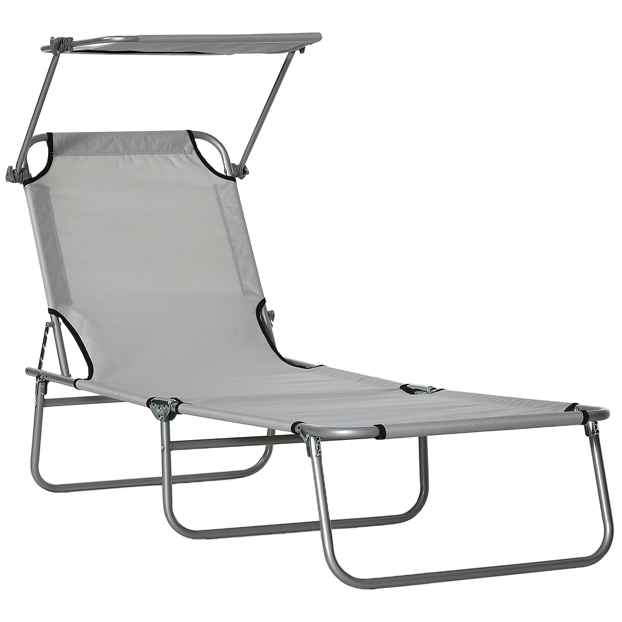 Outsunny Outdoor Lounge Chair, Adjustable Folding Chaise Lounge, Tanning Chair with Sun Shade for Beach, Camping, Hiking, Backyard, Light Grey