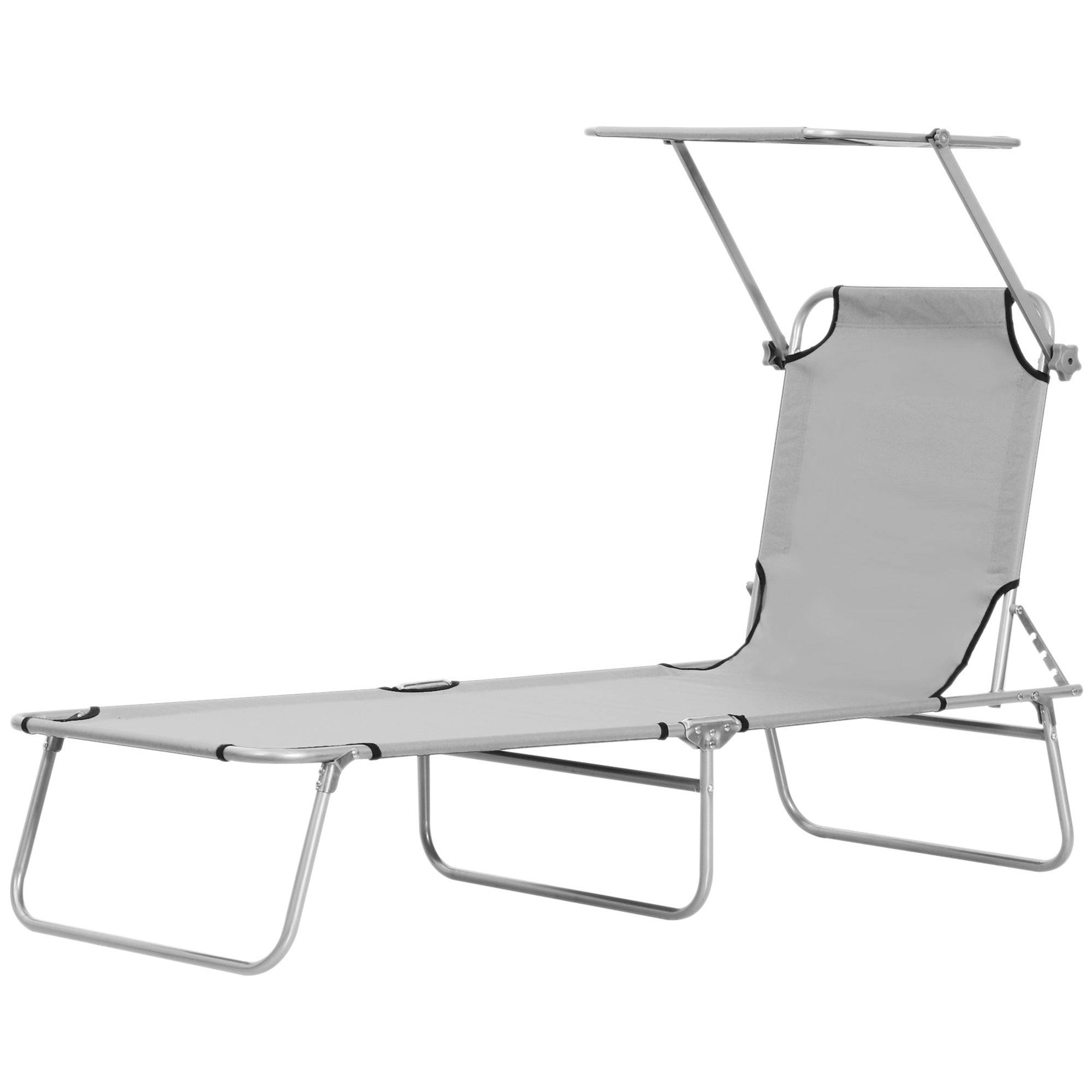 Outsunny Outdoor Lounge Chair, Adjustable Folding Chaise Lounge, Tanning Chair with Sun Shade for Beach, Camping, Hiking, Backyard, Light Grey