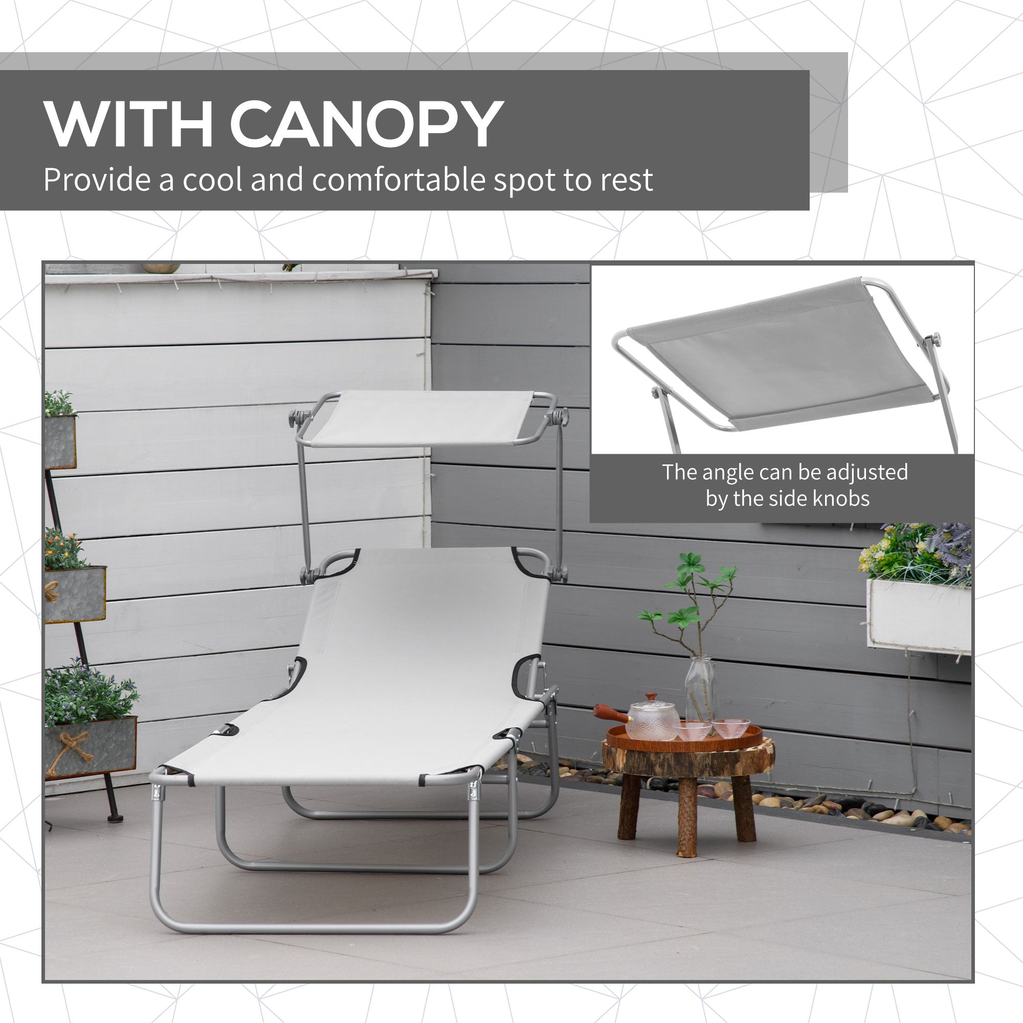 Outsunny Outdoor Lounge Chair, Adjustable Folding Chaise Lounge, Tanning Chair with Sun Shade for Beach, Camping, Hiking, Backyard, Light Grey