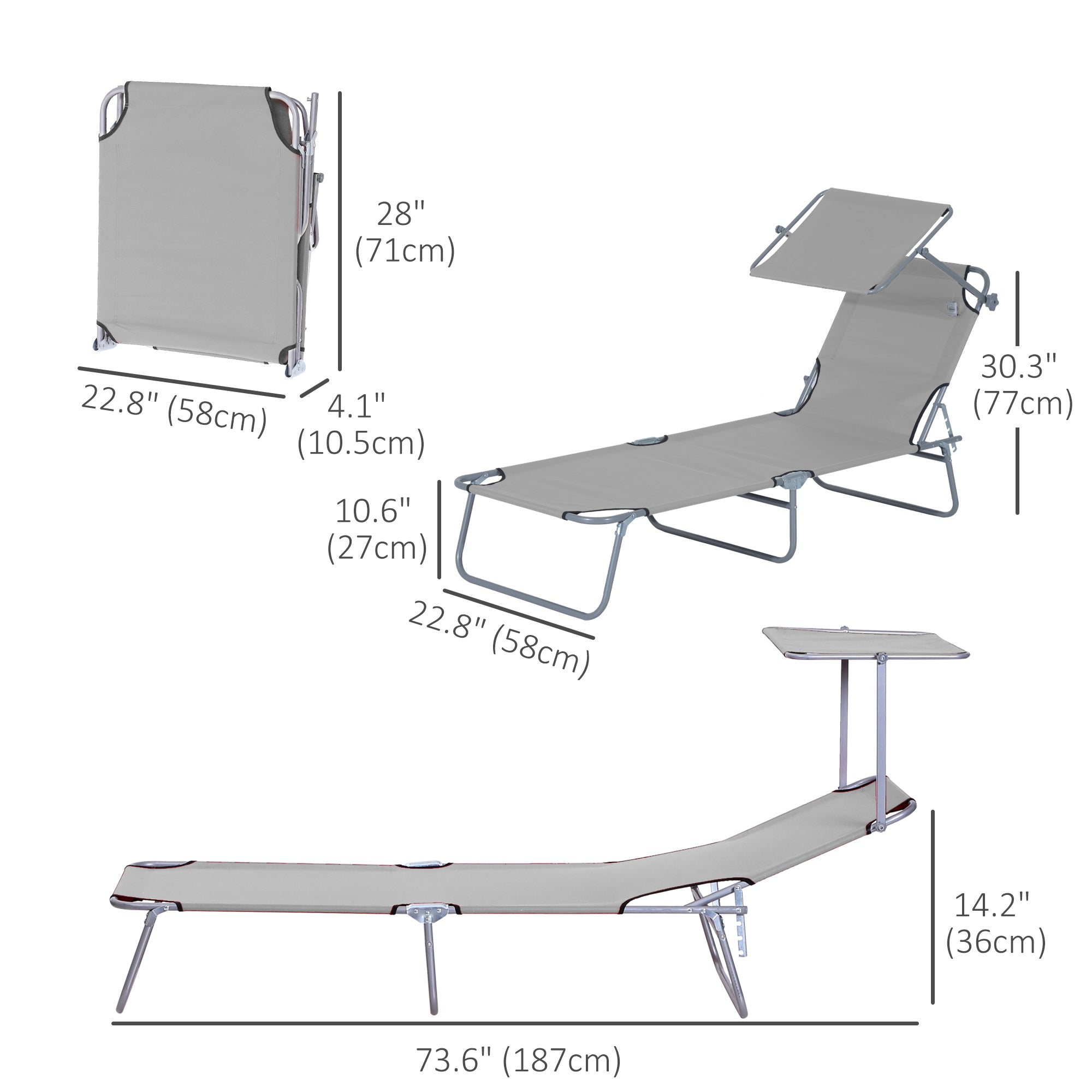 Outsunny Outdoor Lounge Chair, Adjustable Folding Chaise Lounge, Tanning Chair with Sun Shade for Beach, Camping, Hiking, Backyard, Light Grey