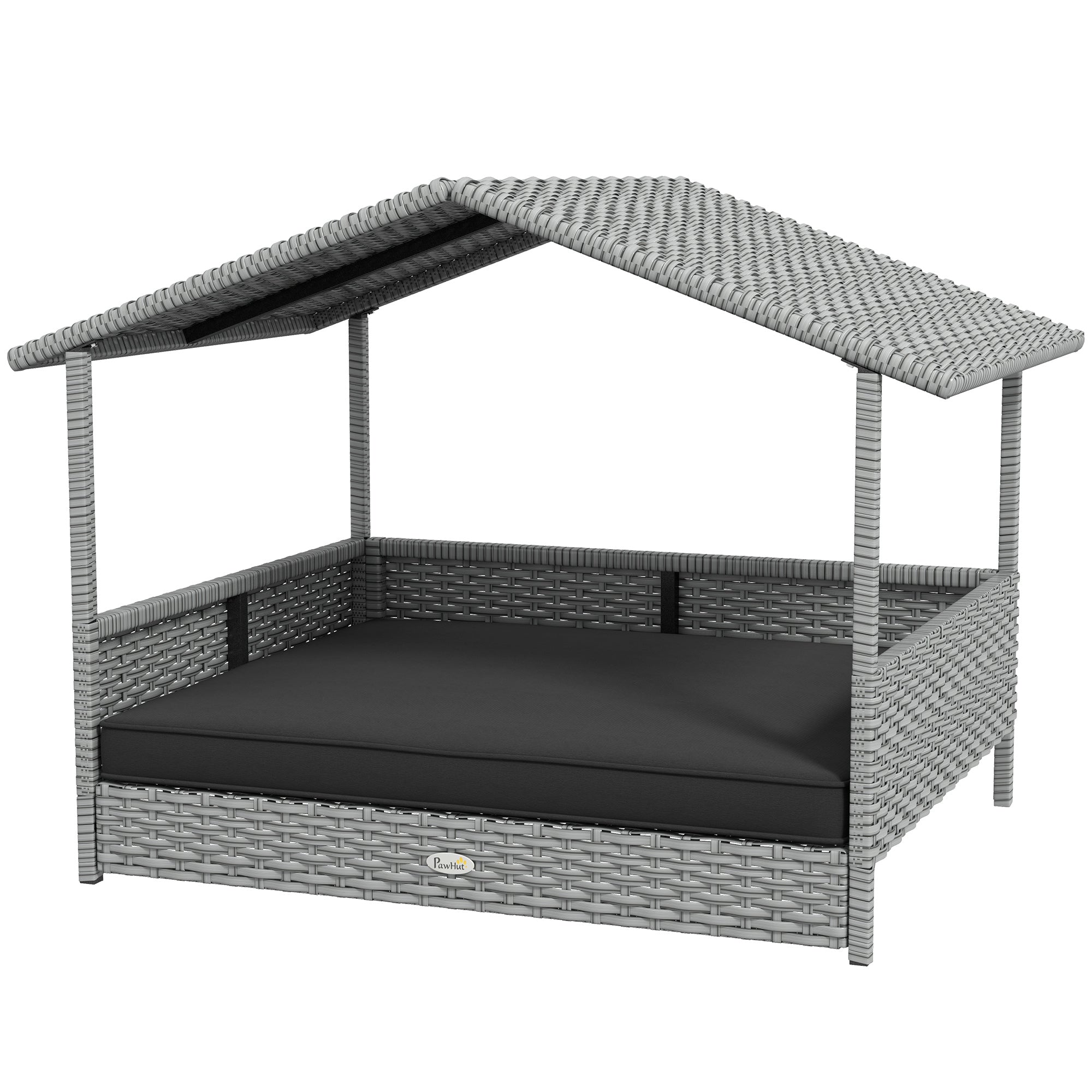PawHut Wicker Dog House Outdoor with Canopy, Rattan Dog Bed with Water-resistant Cushion, Raised Dog Bed for Small, Medium Dogs up to 66 lbs, 19.75" in Length, Silver Wicker, Gray Cushion