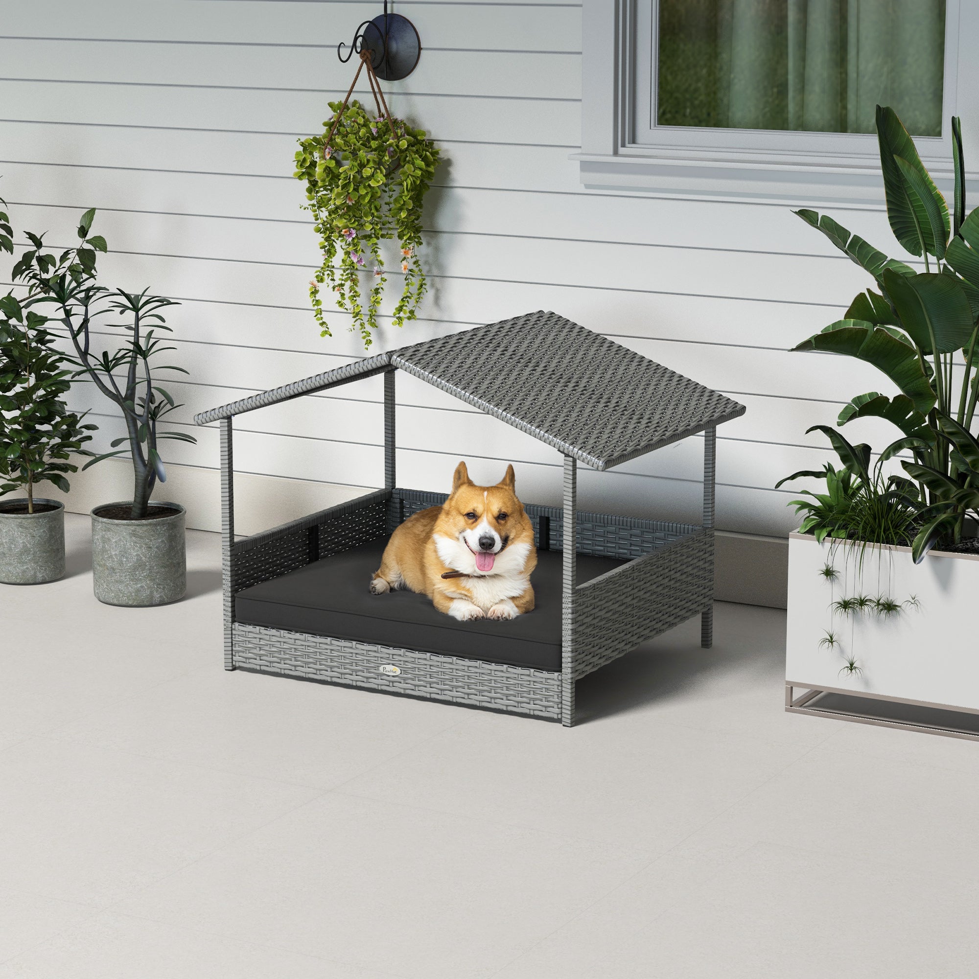 PawHut Wicker Dog House Outdoor with Canopy, Rattan Dog Bed with Water-resistant Cushion, Raised Dog Bed for Small, Medium Dogs up to 66 lbs, 19.75" in Length, Silver Wicker, Gray Cushion