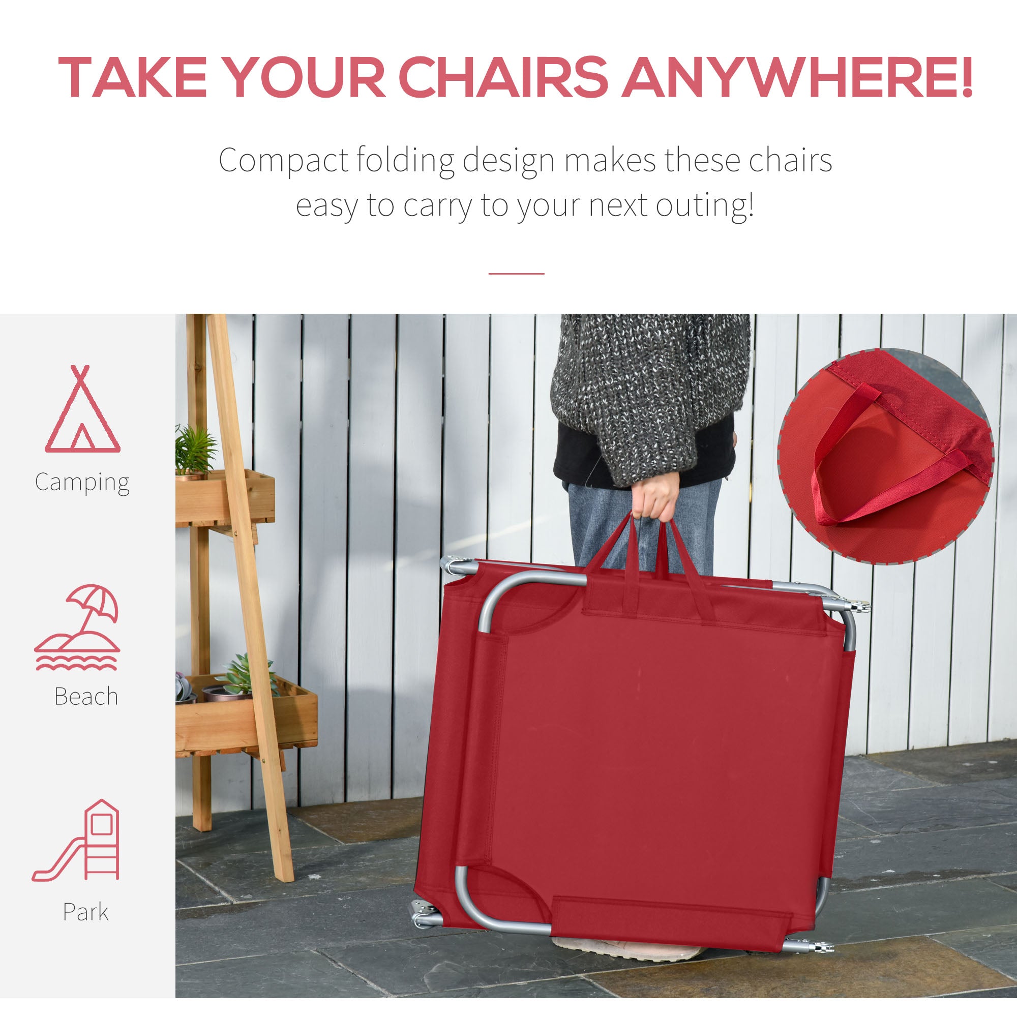 Outsunny Folding Outdoor Lounge Chair, Portable Reclining Beach Lounger with Breathable Mesh Fabric, Sun Lounge Bed Camping Cot for Patio, Garden, Poolside, Wine Red