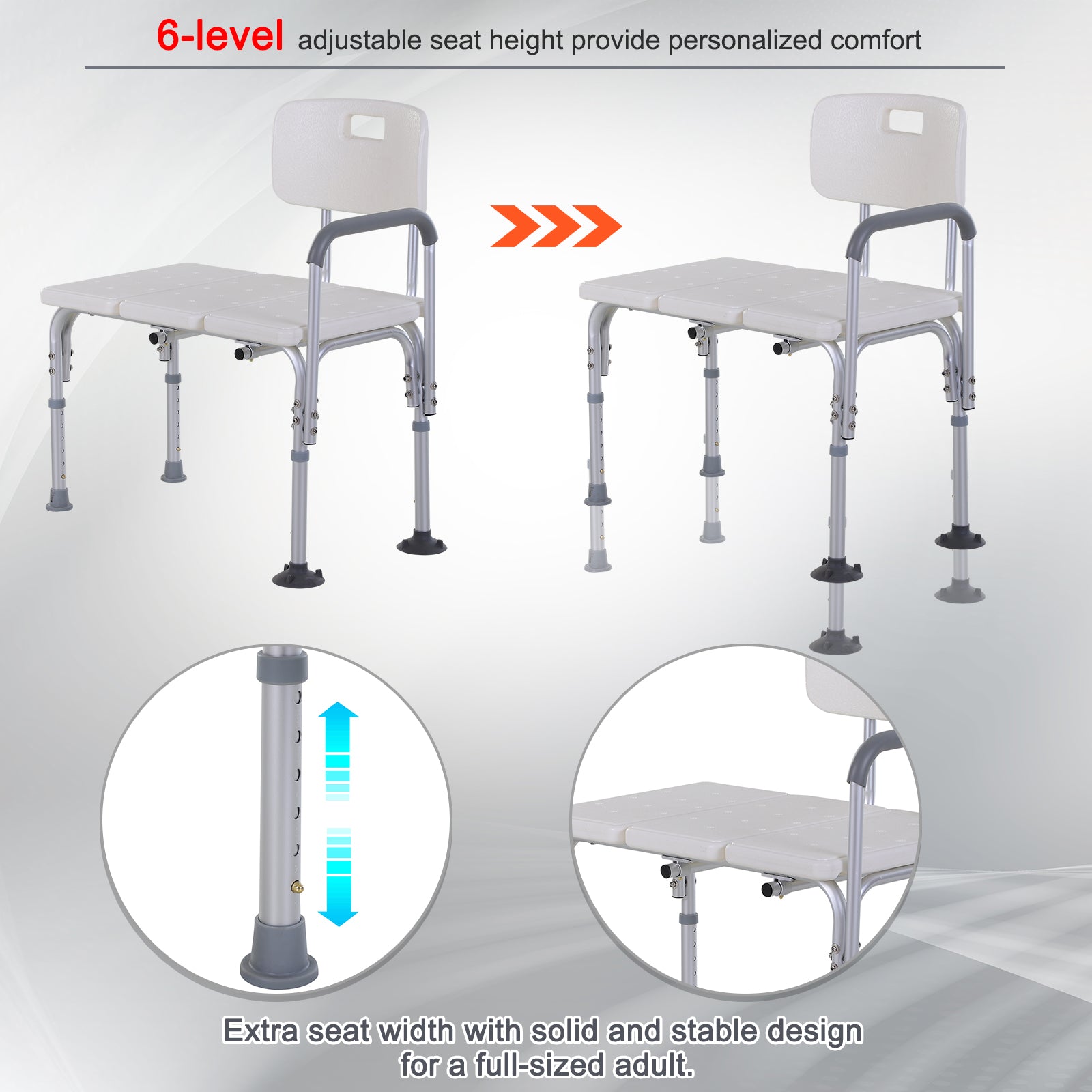 HOMCOM 6-Level Adjustable Bath and Shower Transfer Bench Aluminum Chair with Non-Slip Feet, Armrest & Backrest, White