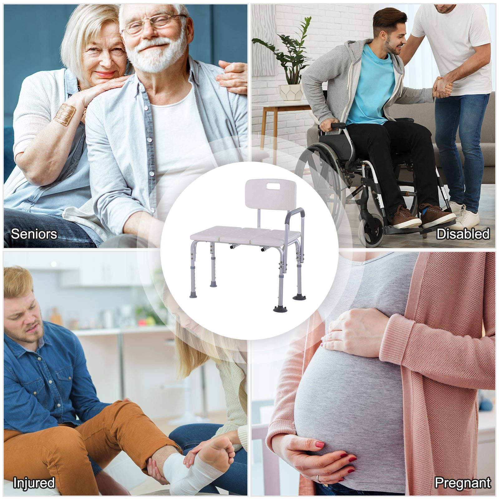 HOMCOM 6-Level Adjustable Bath and Shower Transfer Bench Aluminum Chair with Non-Slip Feet, Armrest & Backrest, White