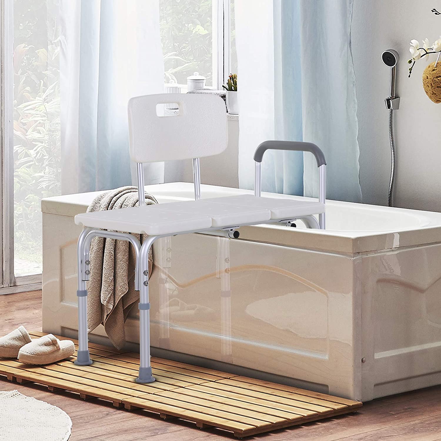 HOMCOM 6-Level Adjustable Bath and Shower Transfer Bench Aluminum Chair with Non-Slip Feet, Armrest & Backrest, White