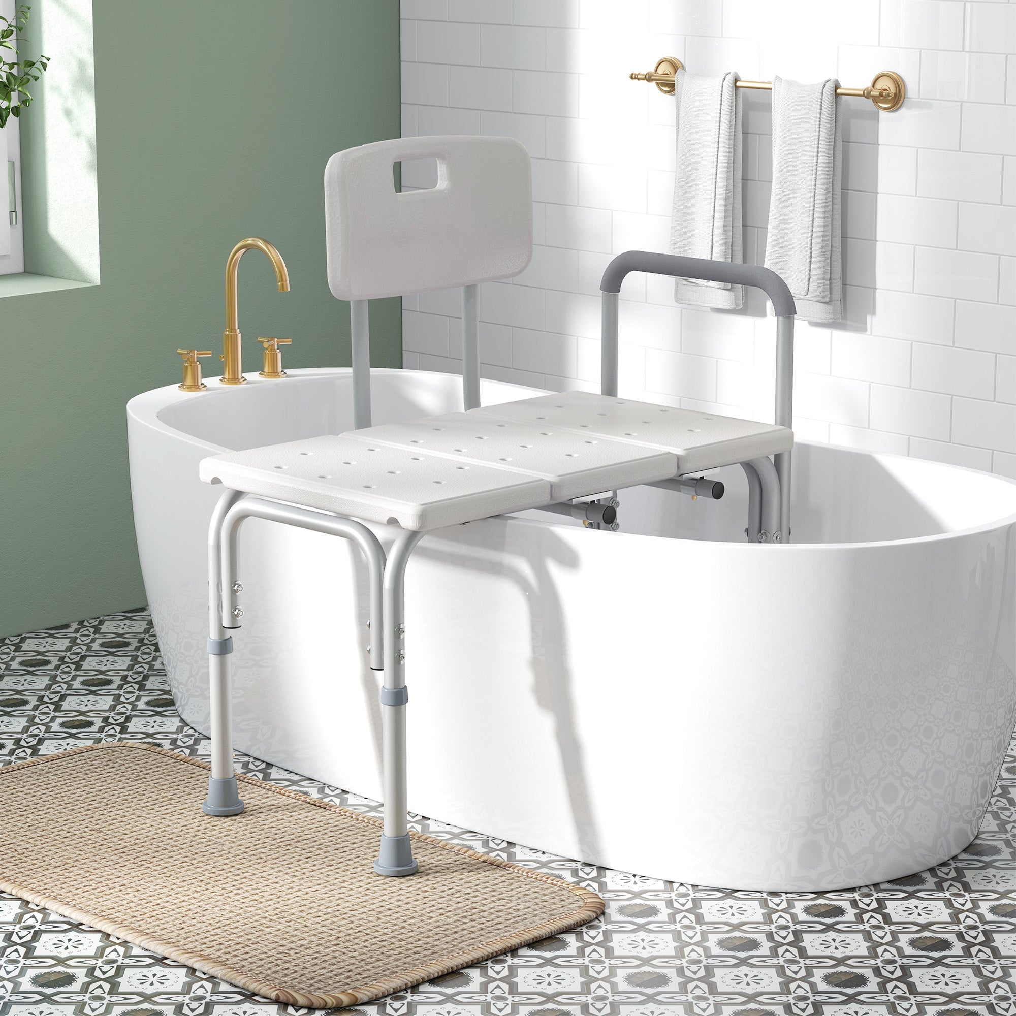 HOMCOM 6-Level Adjustable Bath and Shower Transfer Bench Aluminum Chair with Non-Slip Feet, Armrest & Backrest, White