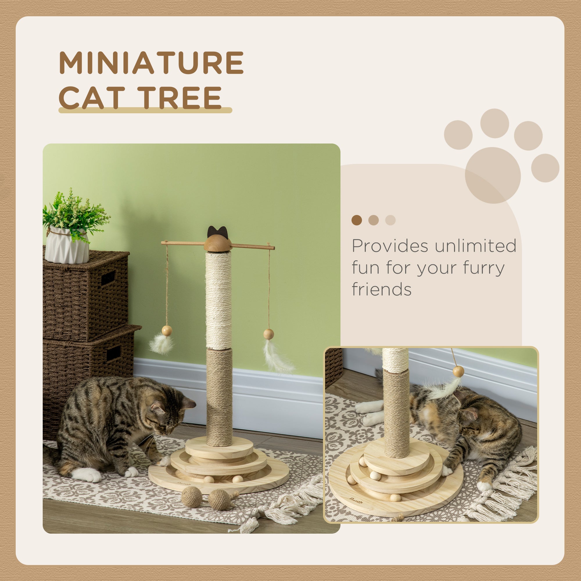 PawHut Cat Scratching Post Cat Tree, Kitty Activity Centre w/ Turntable Interactive Toy Ball, Cat Tower w/ Jute and Sisal