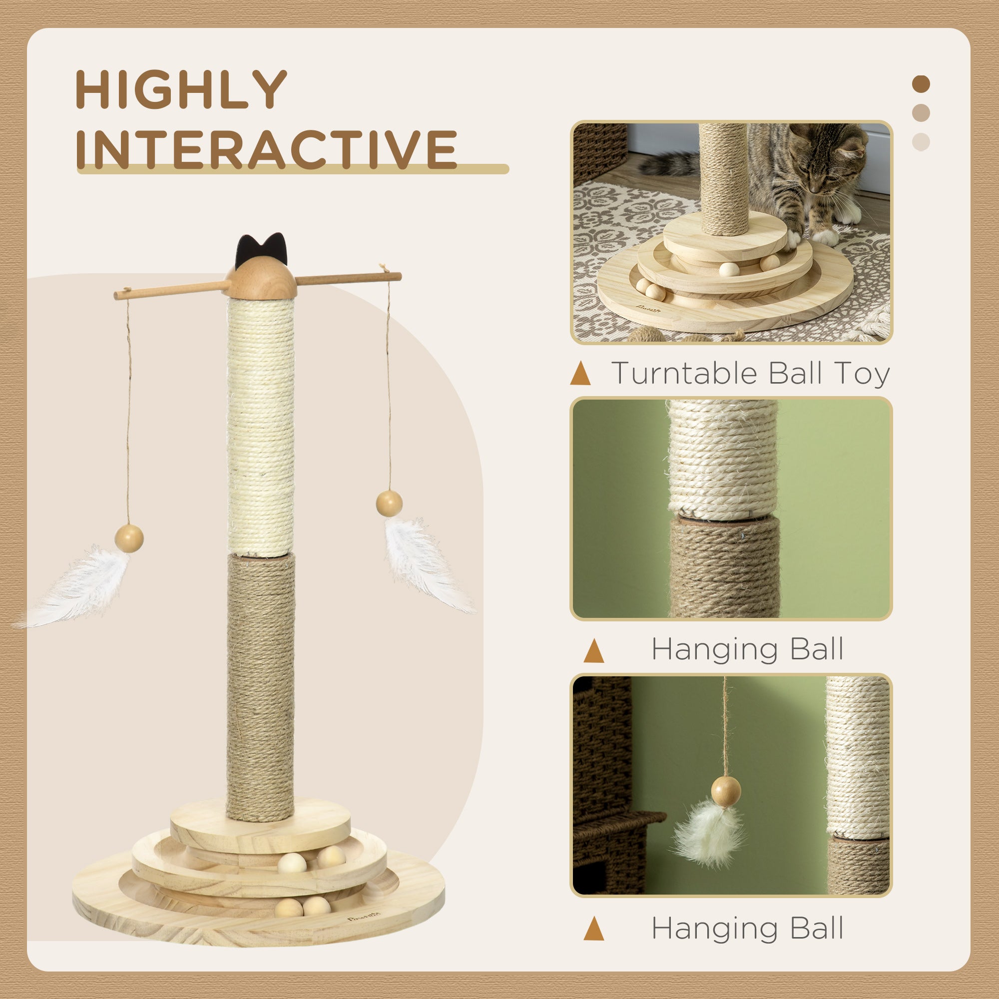 PawHut Cat Scratching Post Cat Tree, Kitty Activity Centre w/ Turntable Interactive Toy Ball, Cat Tower w/ Jute and Sisal