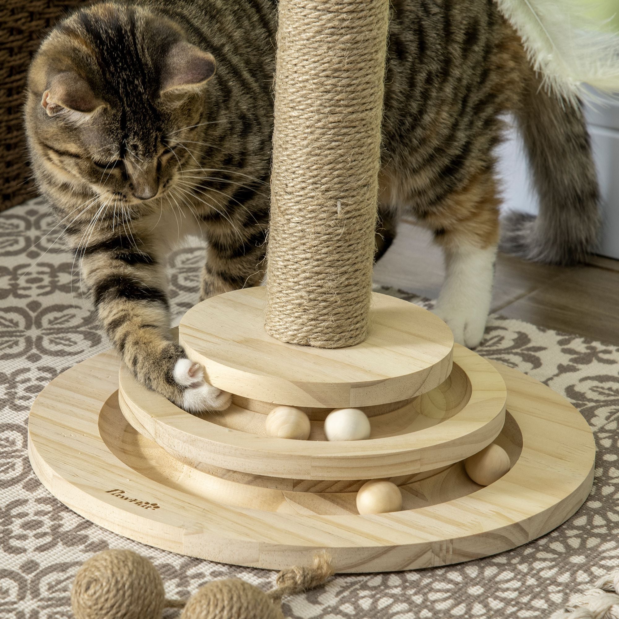 PawHut Cat Scratching Post Cat Tree, Kitty Activity Centre w/ Turntable Interactive Toy Ball, Cat Tower w/ Jute and Sisal