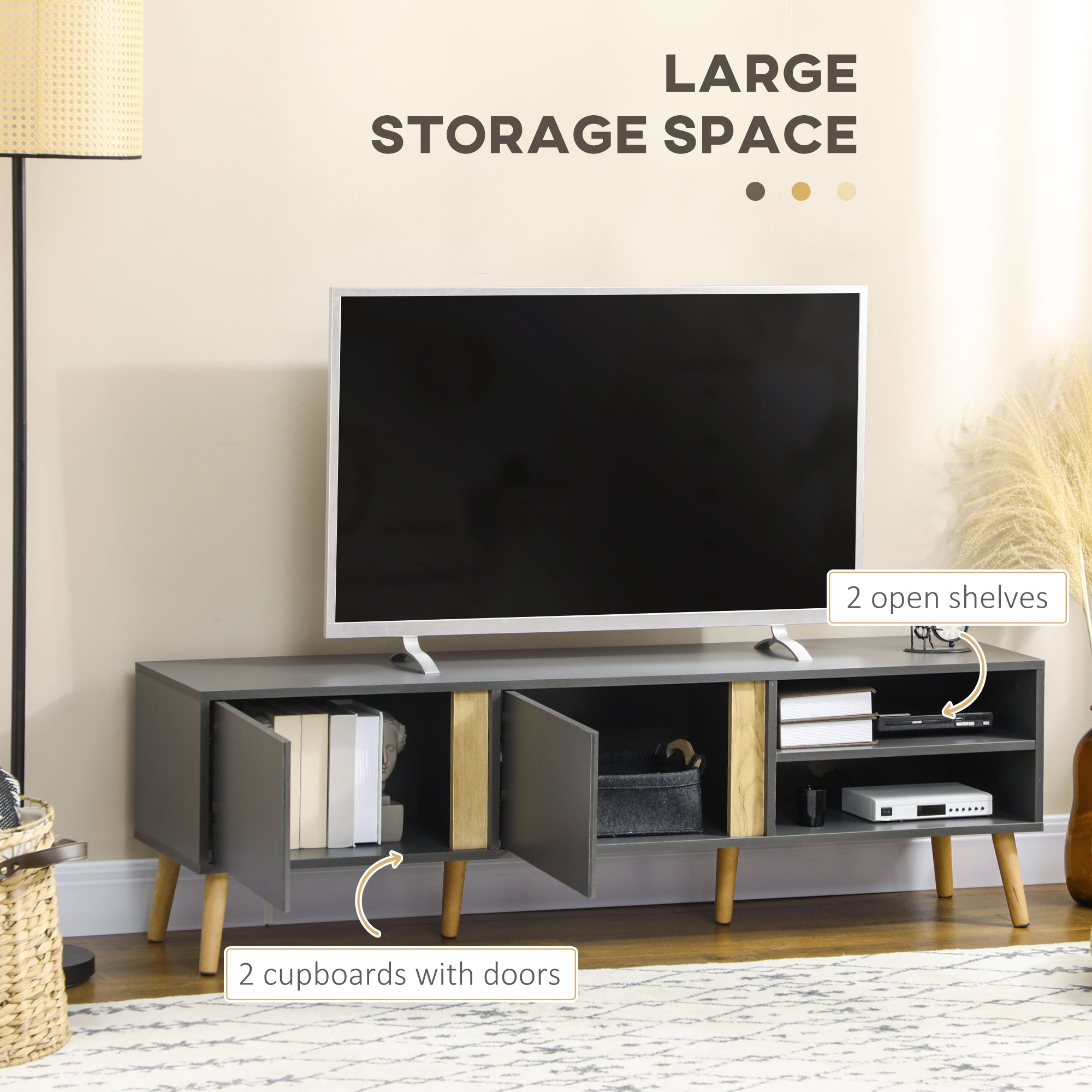 HOMCOM TV Stand Cabinet for TVs up to 55", Entertainment Unit with Doors, Storage Shelves and Cable Holes for Living Room, Bedroom, Dark Grey