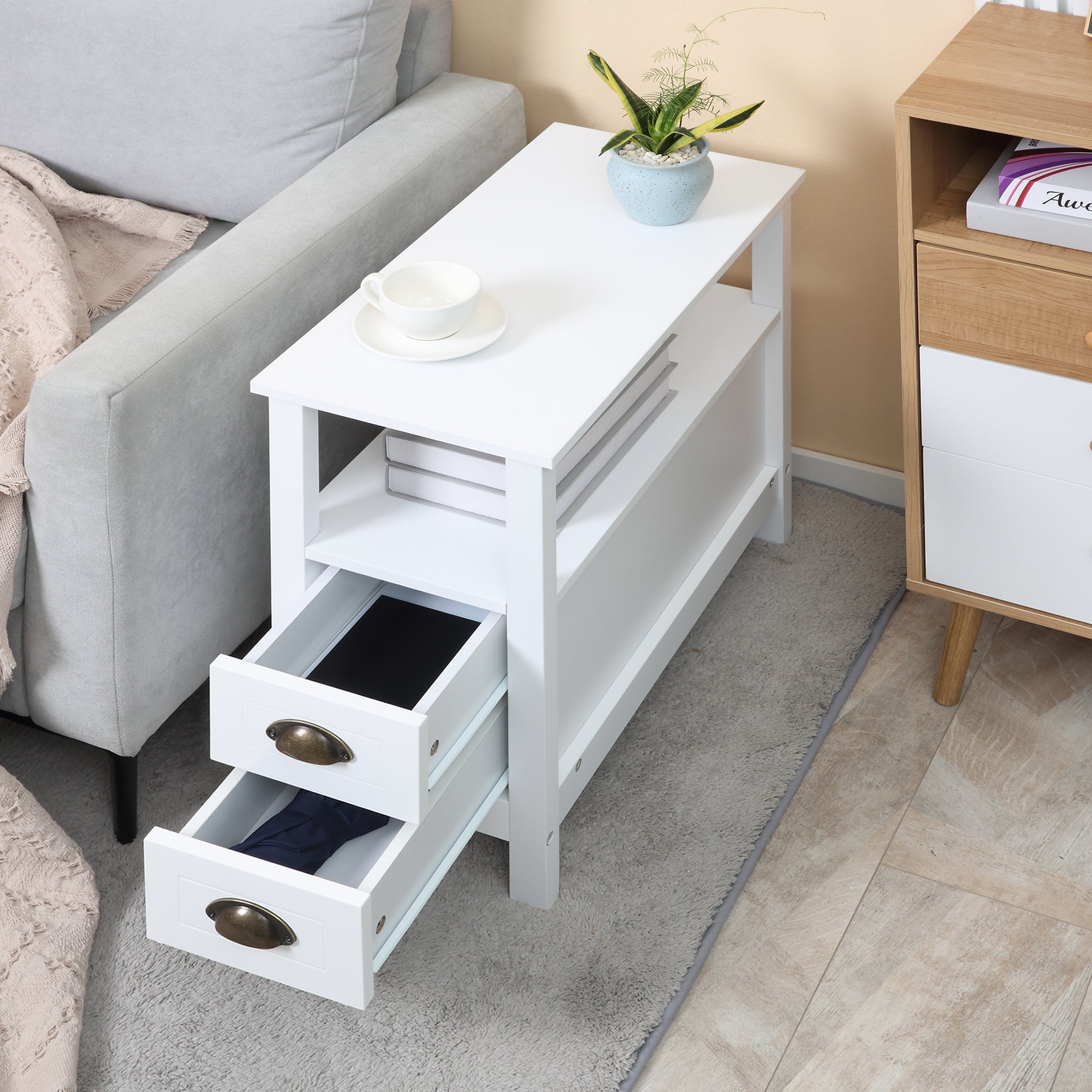 HOMCOM Slim End Table with 2 Drawers and Storage Shelf, Sofa Side Table for Living Room, Narrow Nightstand for Small Spaces, White