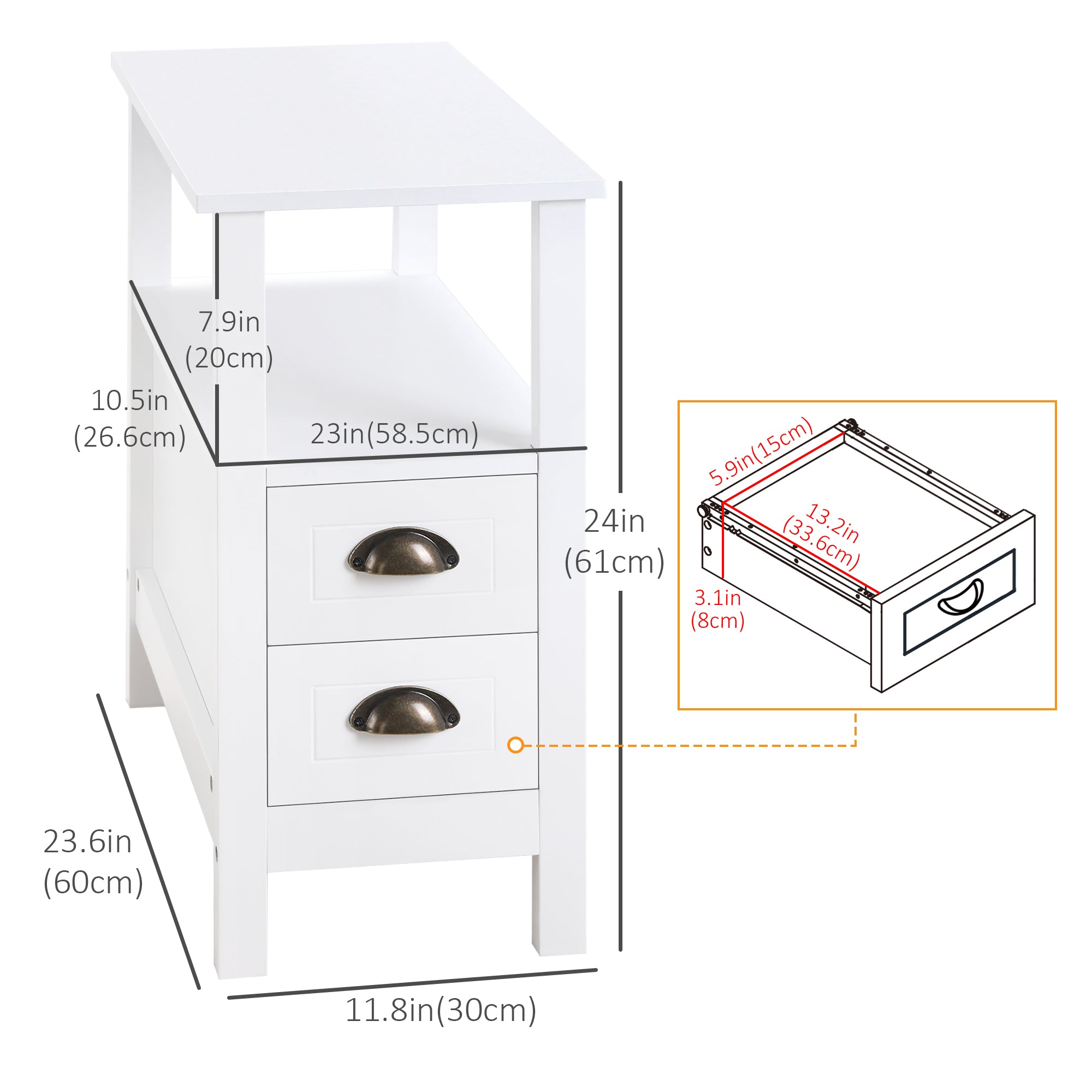 HOMCOM Slim End Table with 2 Drawers and Storage Shelf, Sofa Side Table for Living Room, Narrow Nightstand for Small Spaces, White
