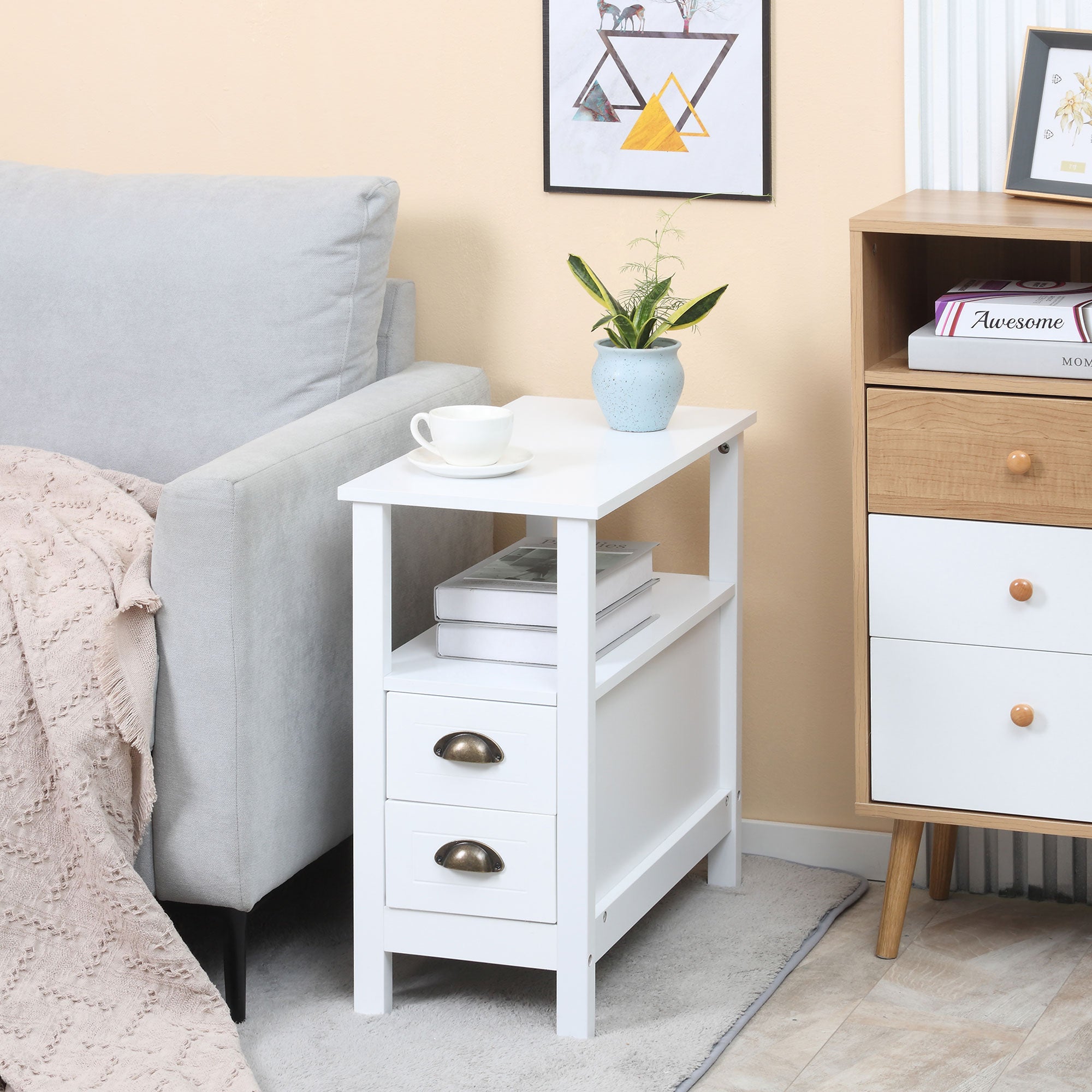 HOMCOM Slim End Table with 2 Drawers and Storage Shelf, Sofa Side Table for Living Room, Narrow Nightstand for Small Spaces, White