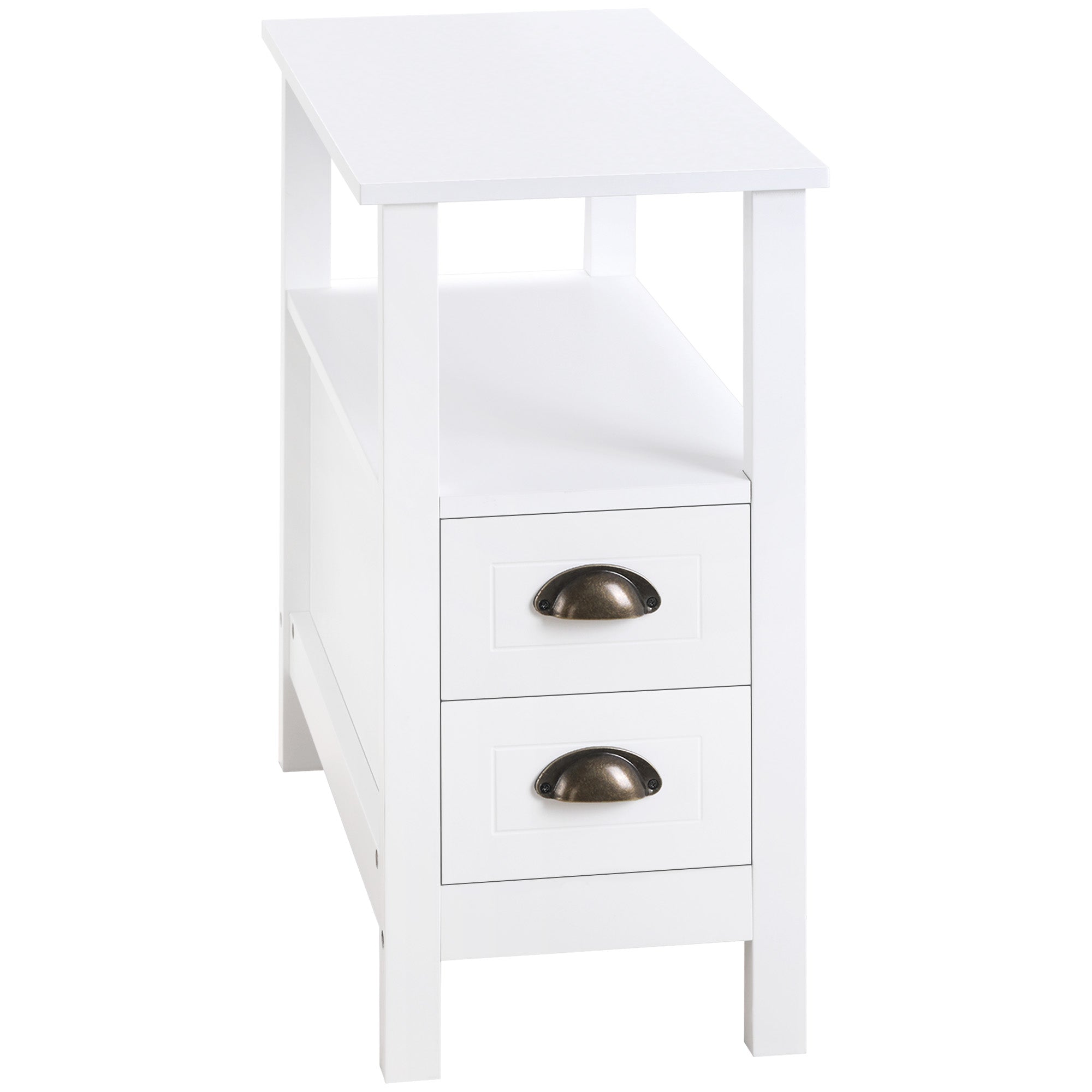 HOMCOM Slim End Table with 2 Drawers and Storage Shelf, Sofa Side Table for Living Room, Narrow Nightstand for Small Spaces, White