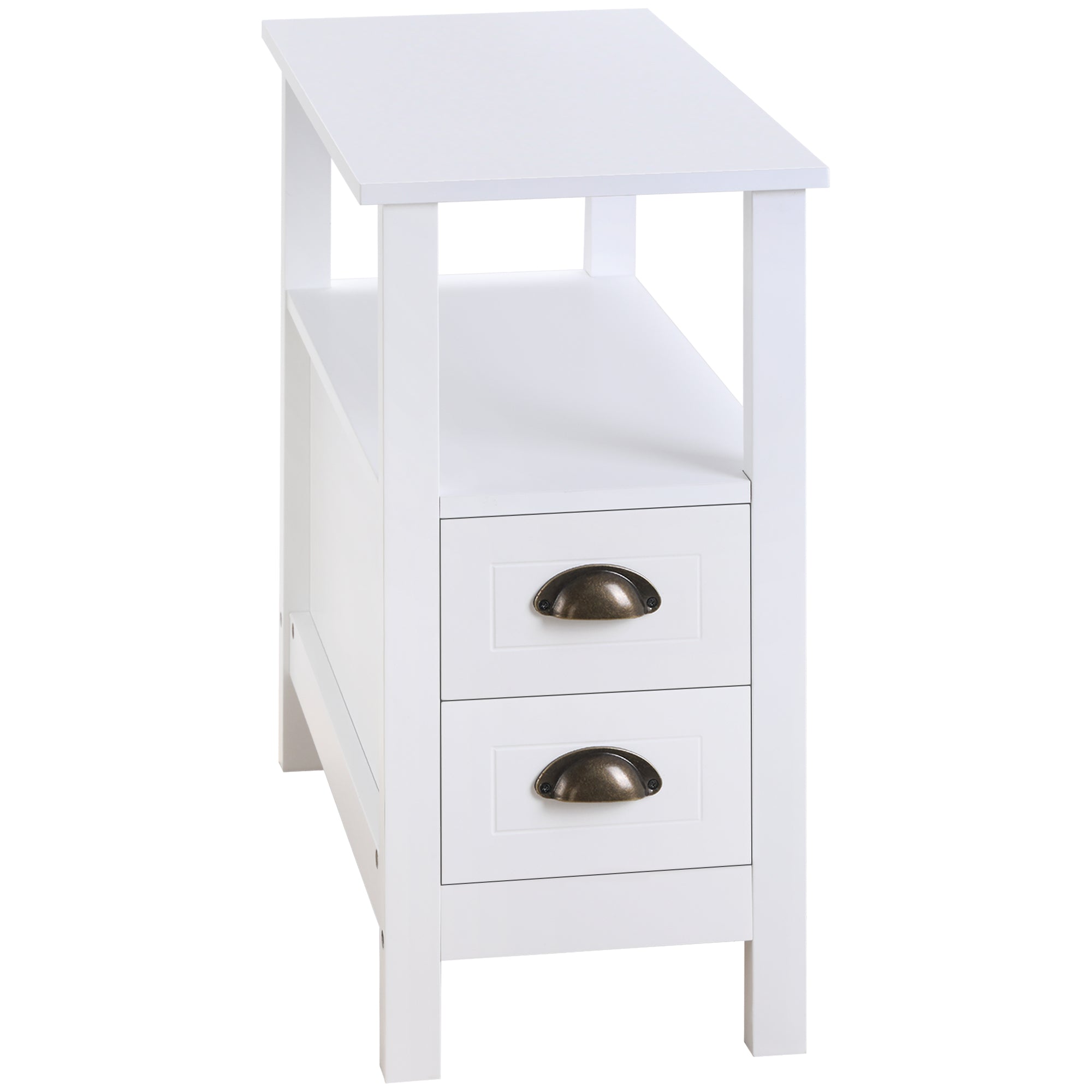 HOMCOM Slim End Table with 2 Drawers and Storage Shelf, Sofa Side Table for Living Room, Narrow Nightstand for Small Spaces, White