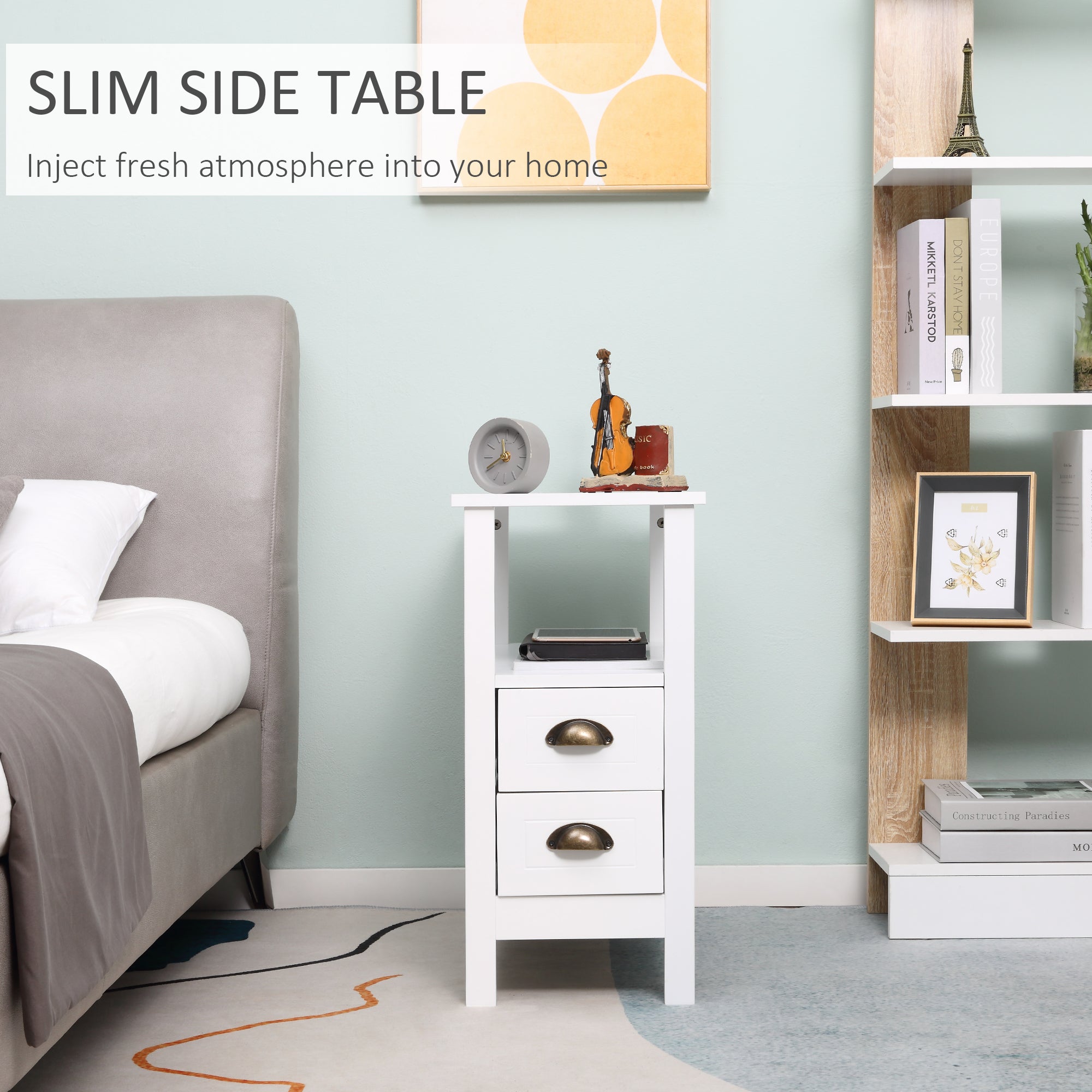 HOMCOM Slim End Table with 2 Drawers and Storage Shelf, Sofa Side Table for Living Room, Narrow Nightstand for Small Spaces, White