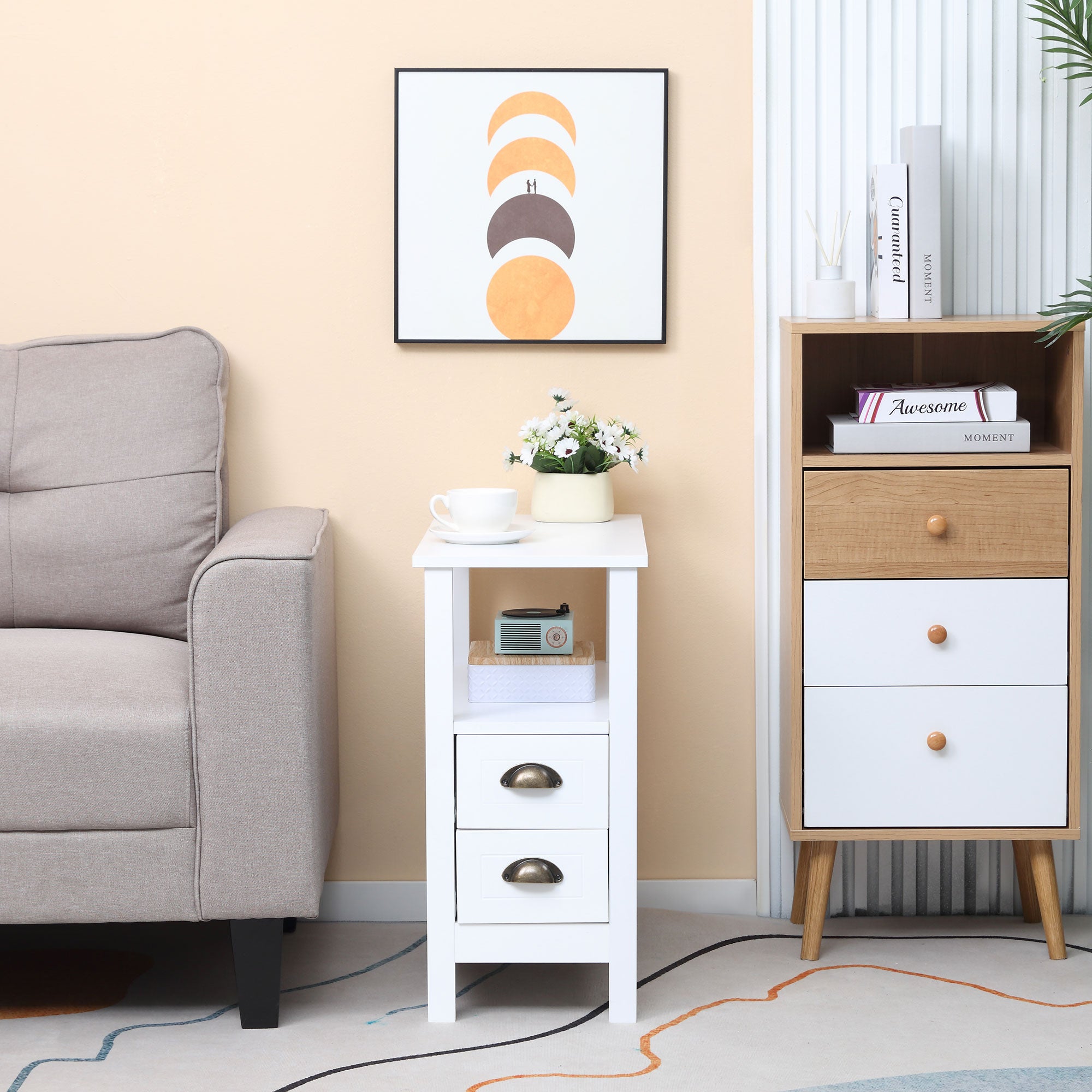 HOMCOM Slim End Table with 2 Drawers and Storage Shelf, Sofa Side Table for Living Room, Narrow Nightstand for Small Spaces, White