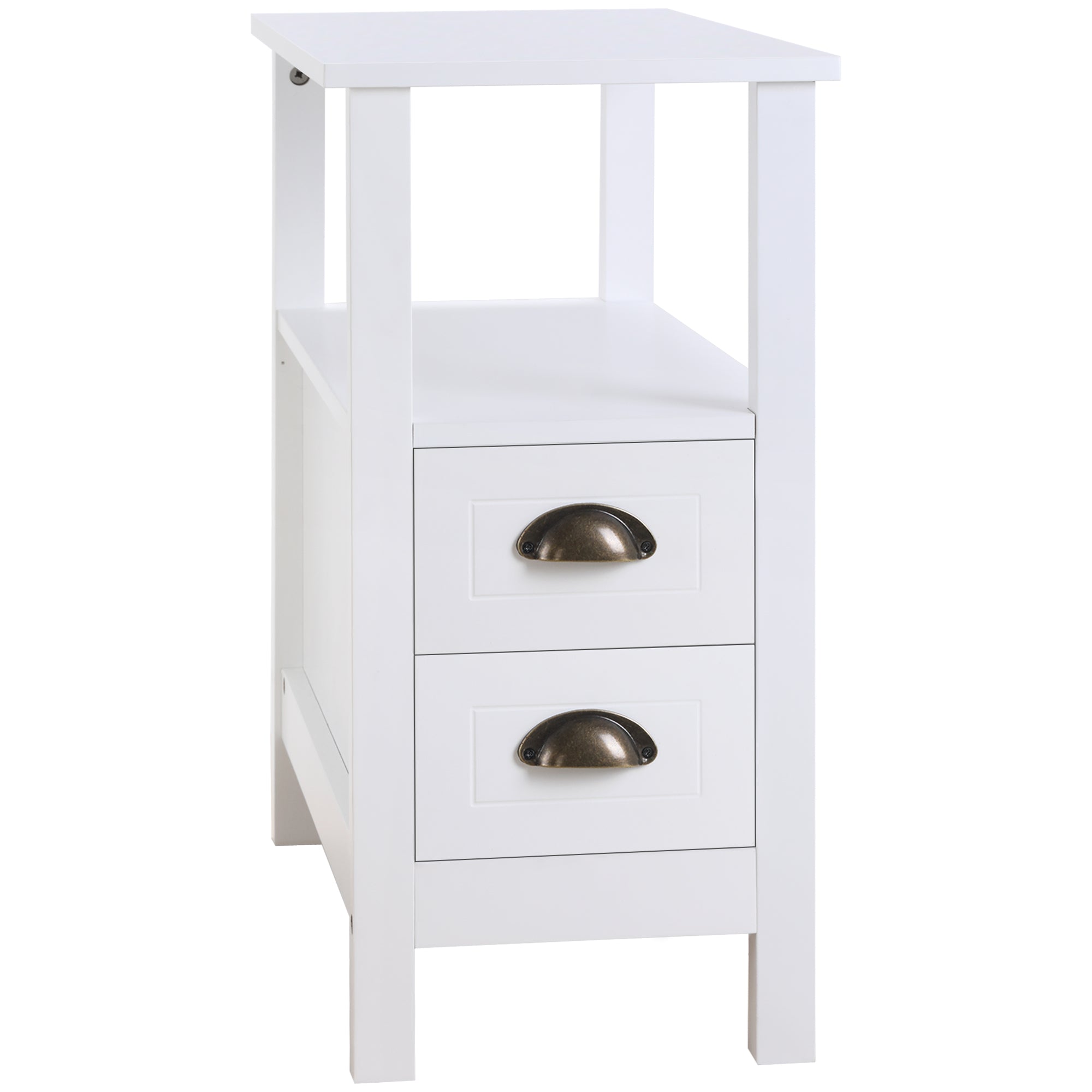 HOMCOM Slim End Table with 2 Drawers and Storage Shelf, Sofa Side Table for Living Room, Narrow Nightstand for Small Spaces, White