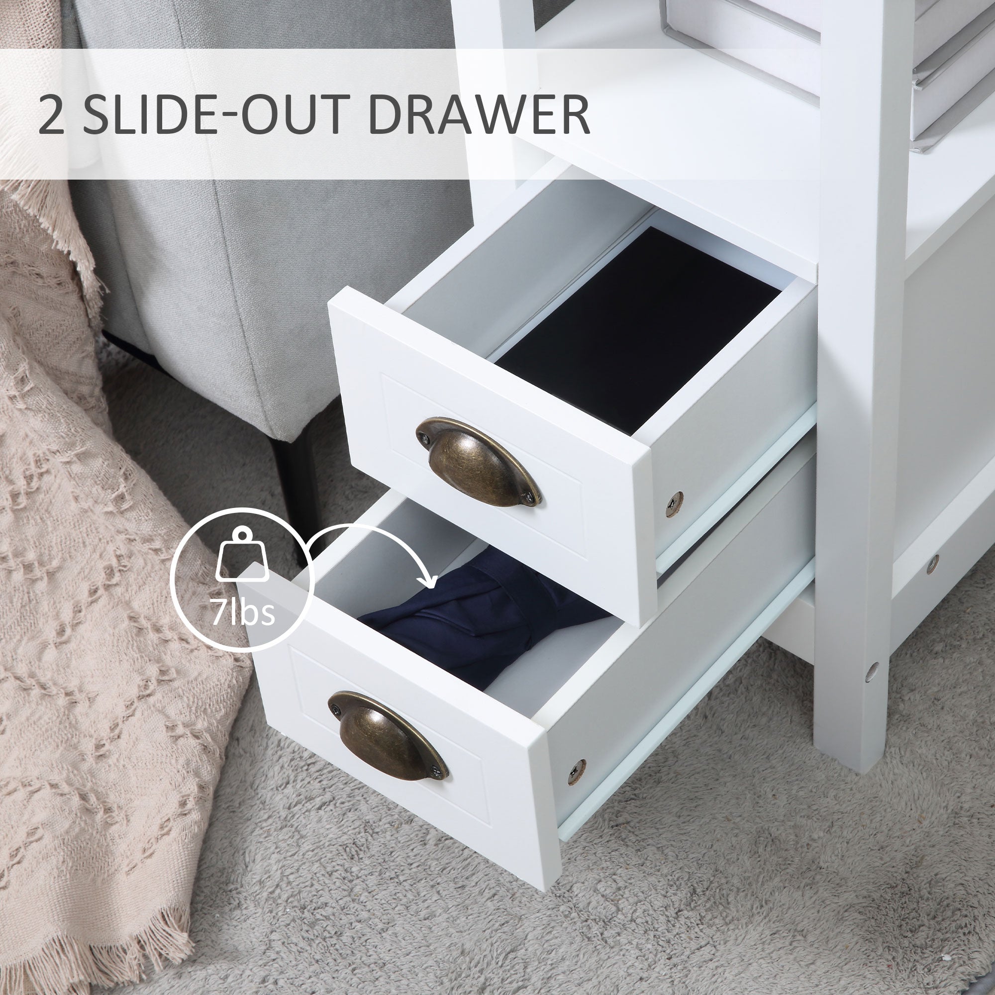 HOMCOM Slim End Table with 2 Drawers and Storage Shelf, Sofa Side Table for Living Room, Narrow Nightstand for Small Spaces, White