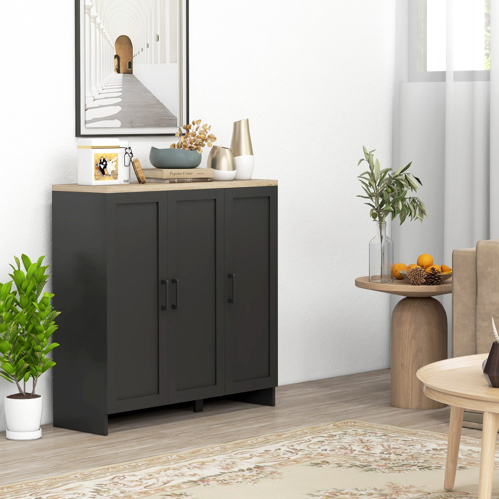 HOMCOM Modern Buffet Cabinet with Storage, 35" Narrow Sideboard, Kitchen Storage Cabinet with 3 Shaker Doors and Adjustable Shelves, Black