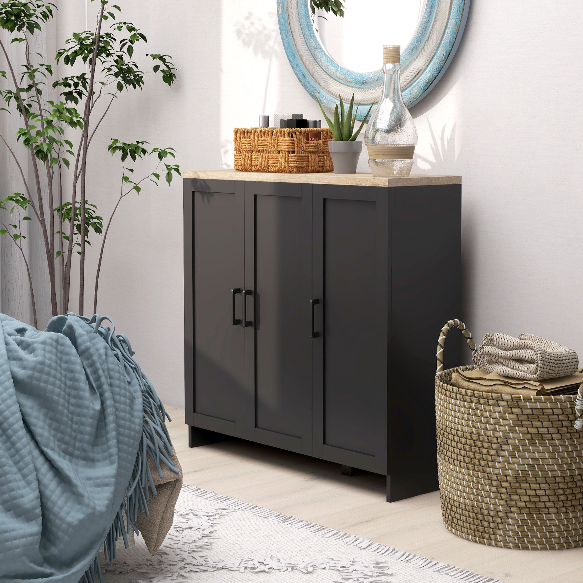 HOMCOM Modern Buffet Cabinet with Storage, 35" Narrow Sideboard, Kitchen Storage Cabinet with 3 Shaker Doors and Adjustable Shelves, Black