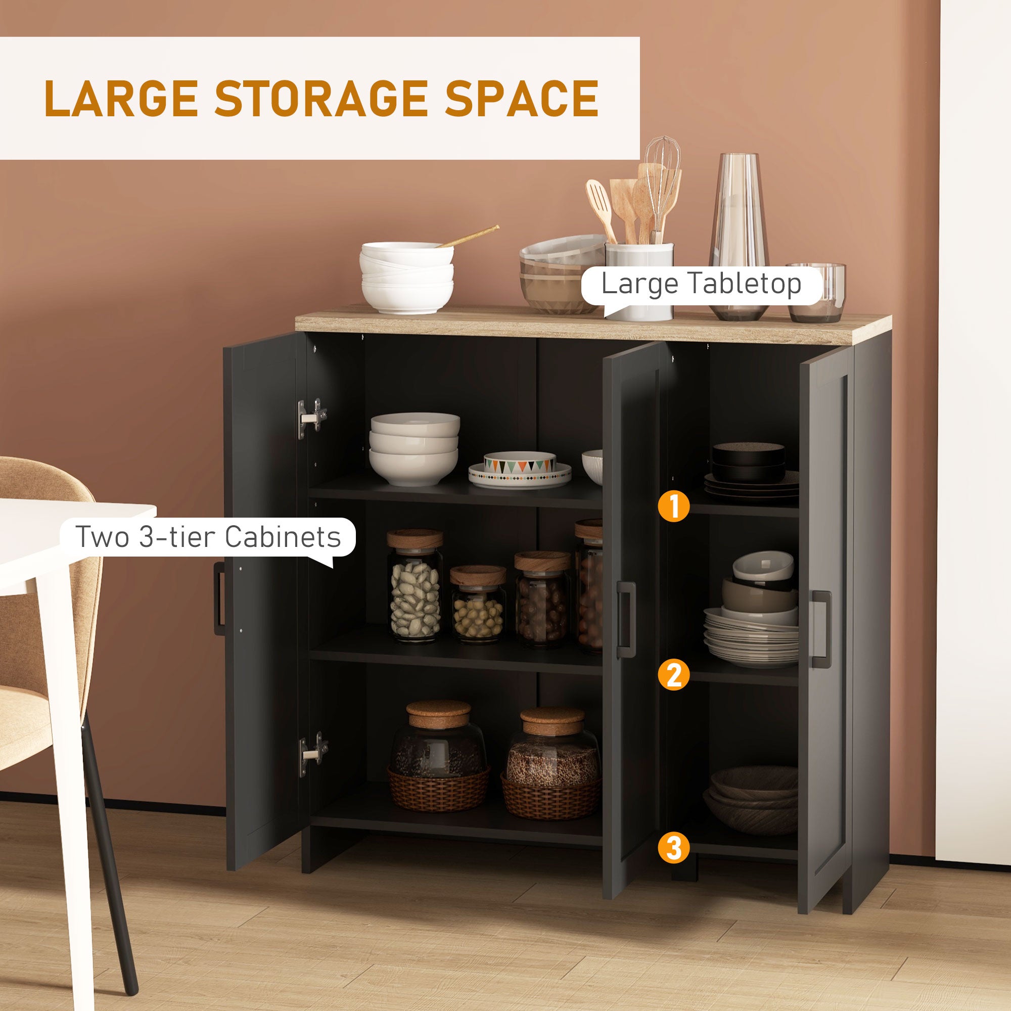 HOMCOM Modern Buffet Cabinet with Storage, 35" Narrow Sideboard, Kitchen Storage Cabinet with 3 Shaker Doors and Adjustable Shelves, Black