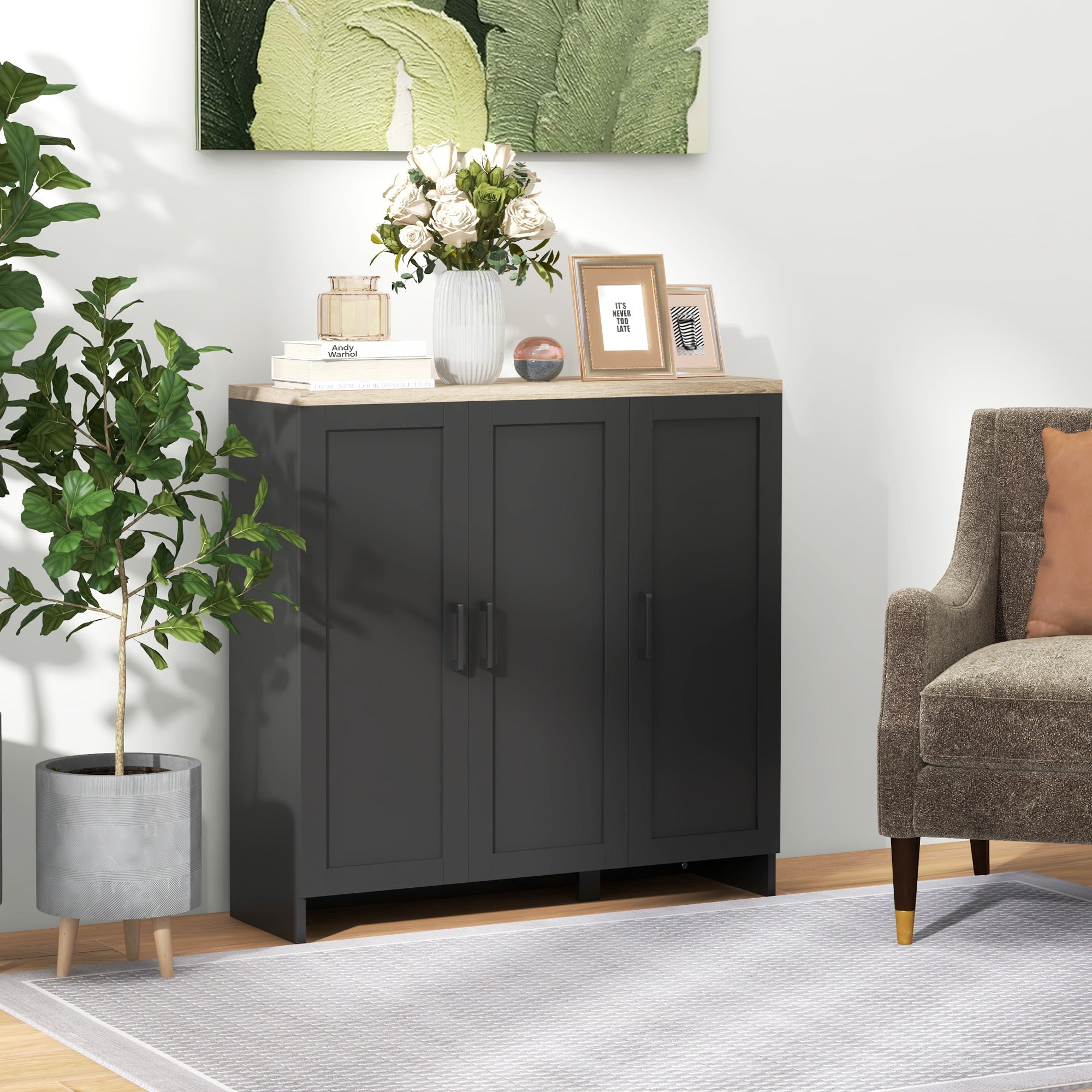 HOMCOM Modern Buffet Cabinet with Storage, 35" Narrow Sideboard, Kitchen Storage Cabinet with 3 Shaker Doors and Adjustable Shelves, Black