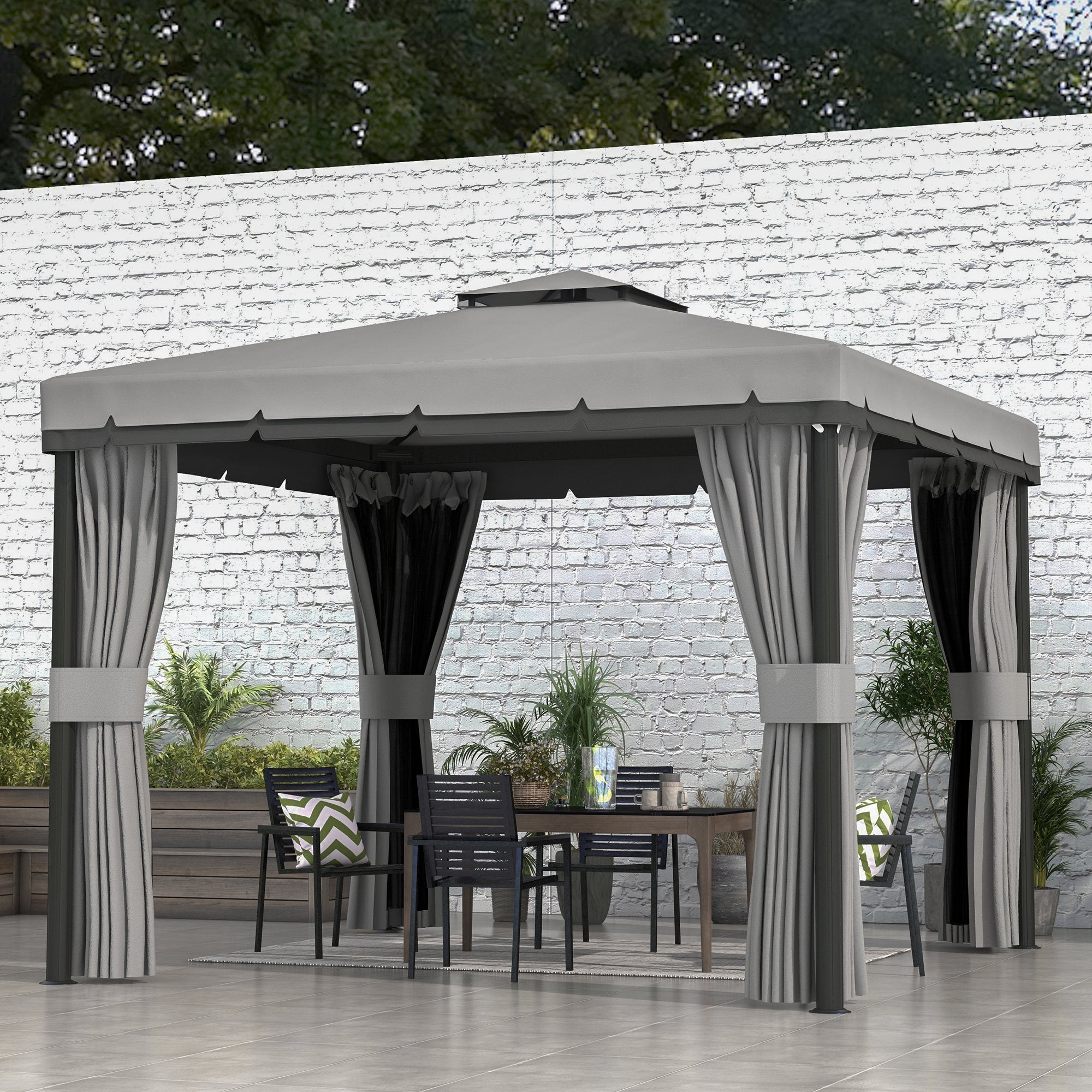 Outsunny 10' x 10' 2-Tier Outdoor Gazebo Canopy Tent with Zippered Mesh Sidewalls, Aluminum Frame for Patio, Backyard, Light Grey