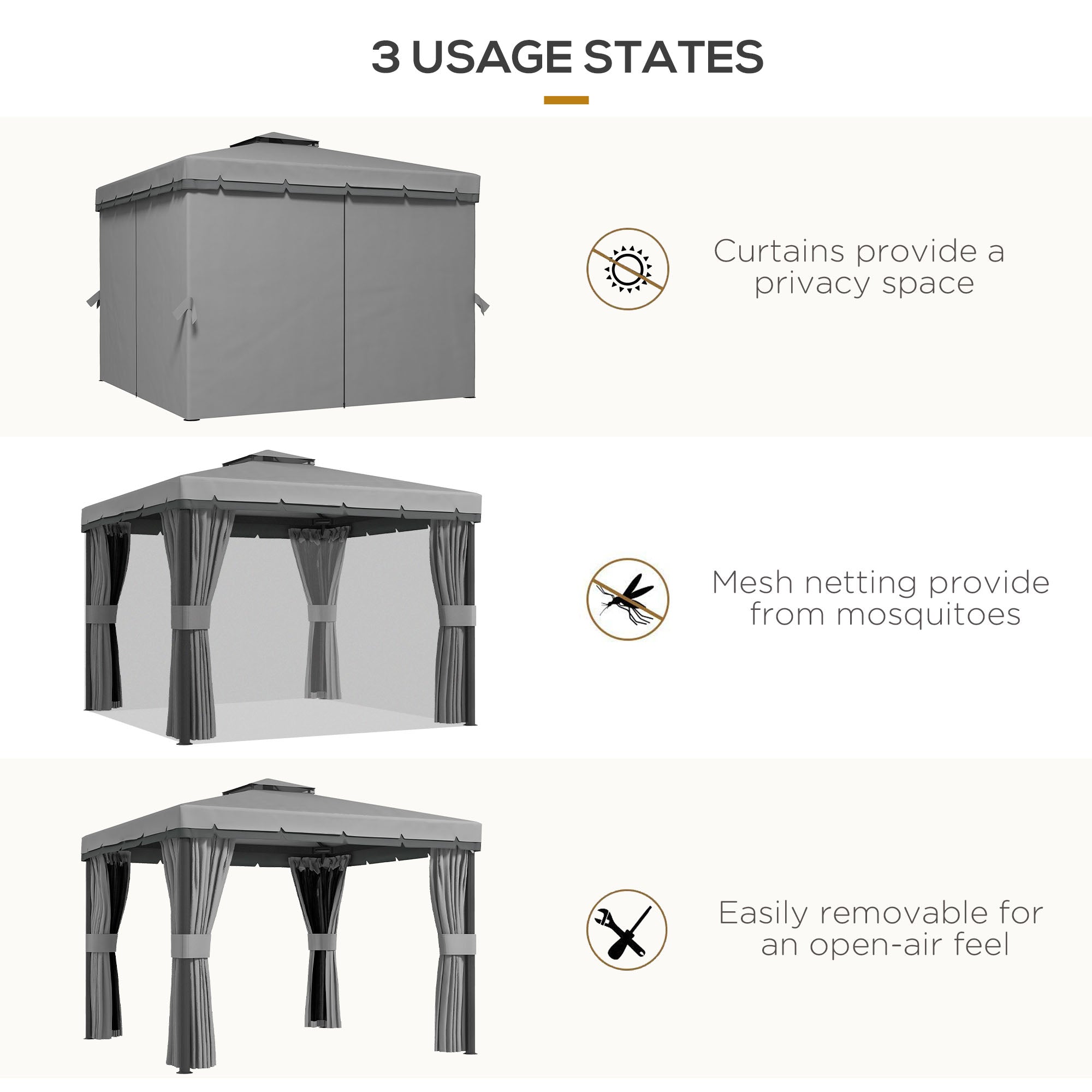 Outsunny 10' x 10' 2-Tier Outdoor Gazebo Canopy Tent with Zippered Mesh Sidewalls, Aluminum Frame for Patio, Backyard, Light Grey