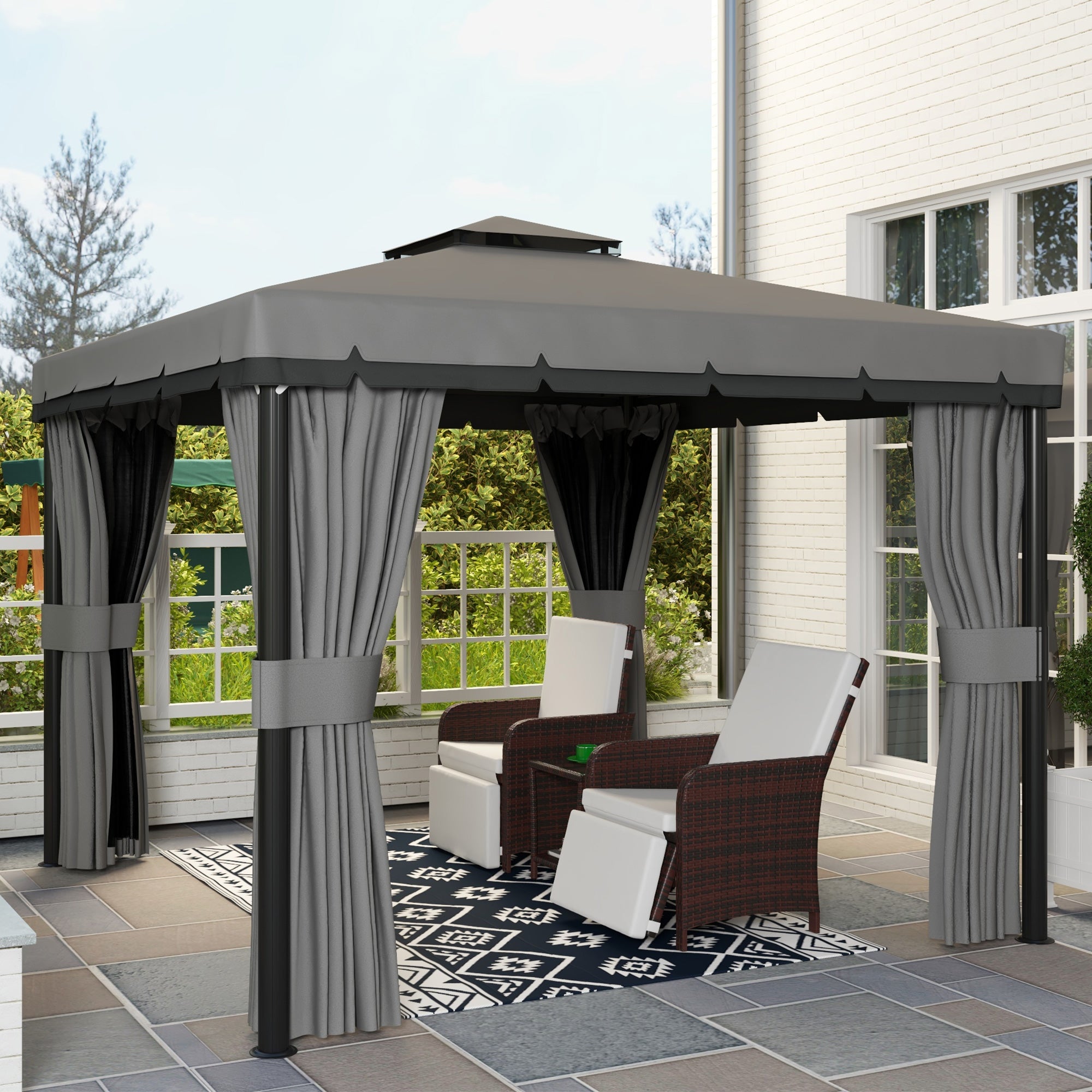 Outsunny 10' x 10' 2-Tier Outdoor Gazebo Canopy Tent with Zippered Mesh Sidewalls, Aluminum Frame for Patio, Backyard, Light Grey