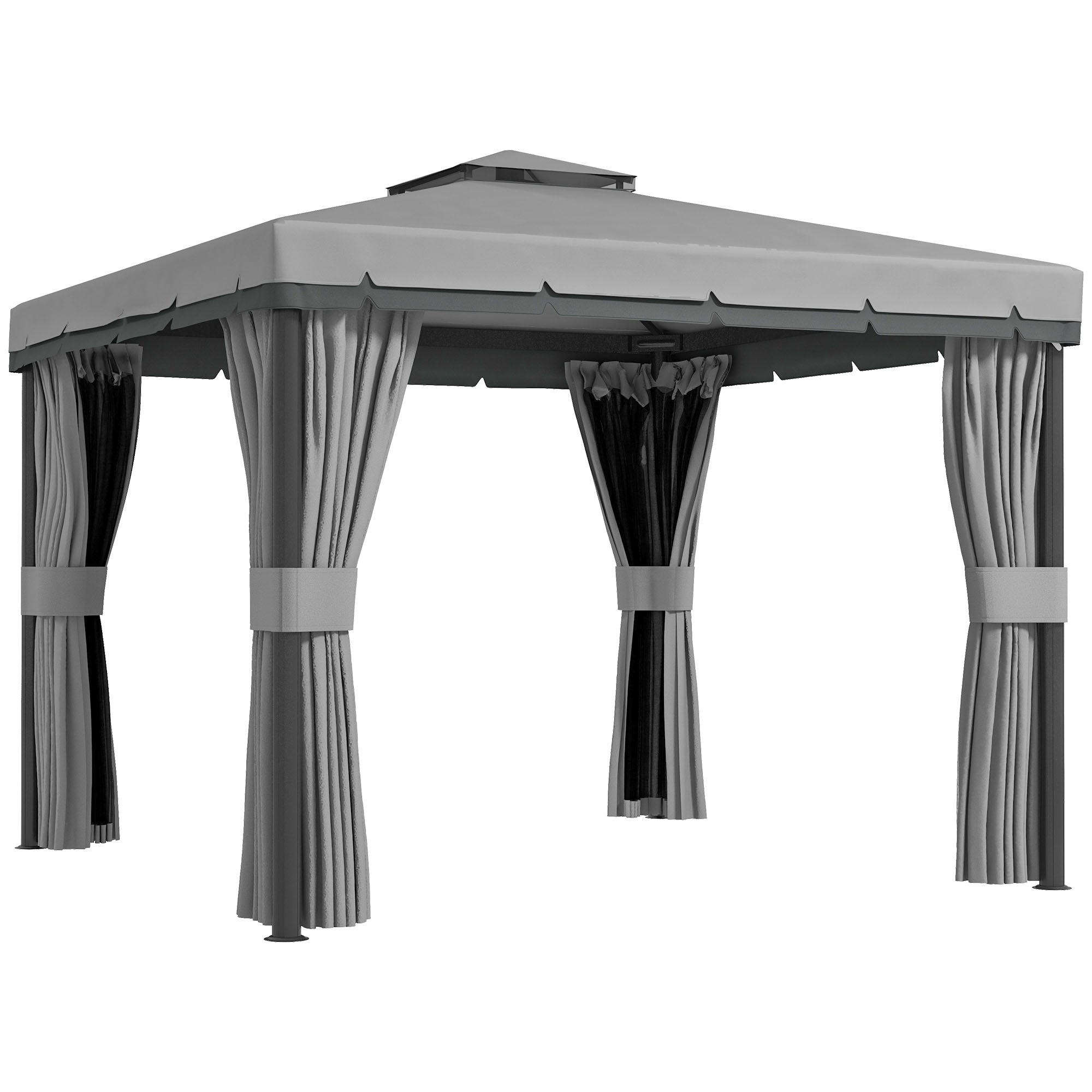 Outsunny 10' x 10' 2-Tier Outdoor Gazebo Canopy Tent with Zippered Mesh Sidewalls, Aluminum Frame for Patio, Backyard, Light Grey