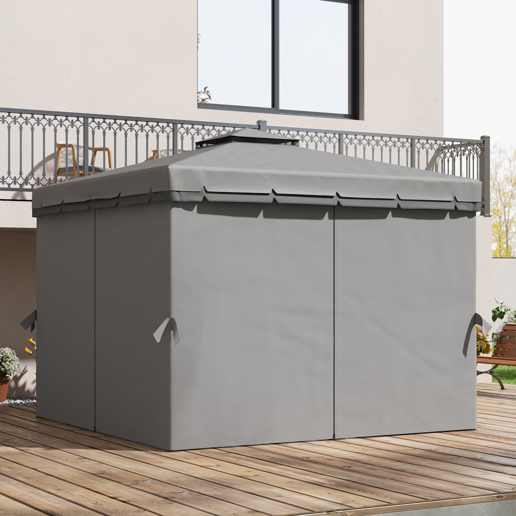 Outsunny 10' x 10' 2-Tier Outdoor Gazebo Canopy Tent with Zippered Mesh Sidewalls, Aluminum Frame for Patio, Backyard, Light Grey