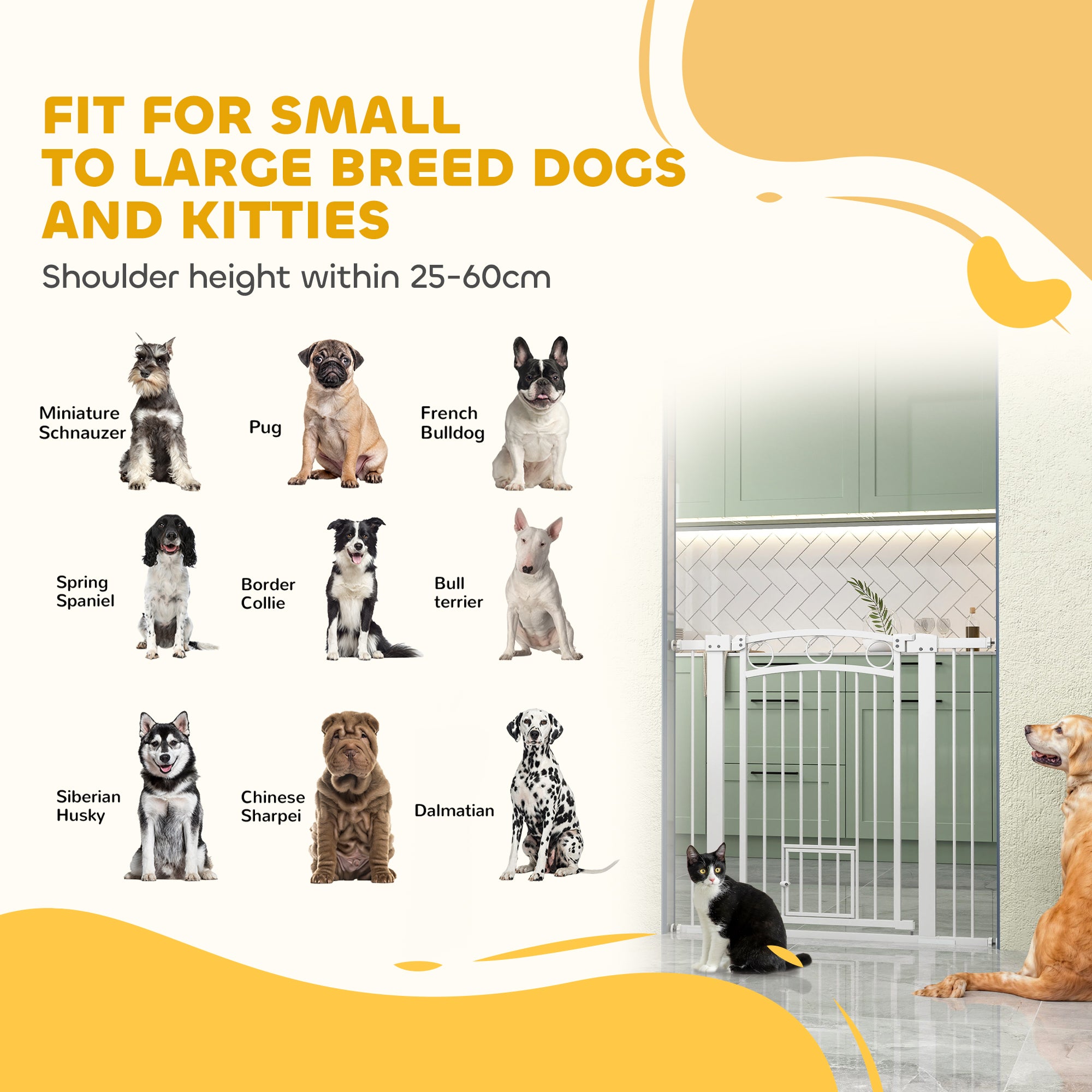 PawHut Stair Gate, 96cm Extra Tall Dog Gate with Adjustable Width, 76-104cm Pressure Fit Safety Gate with Cat Door, 7cm and 14cm Extensions, for Stairs, Doorways, Easy Installation, White
