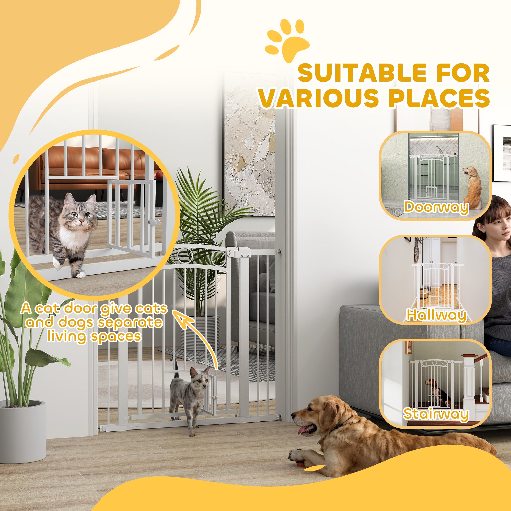 PawHut Stair Gate, 96cm Extra Tall Dog Gate with Adjustable Width, 76-104cm Pressure Fit Safety Gate with Cat Door, 7cm and 14cm Extensions, for Stairs, Doorways, Easy Installation, White