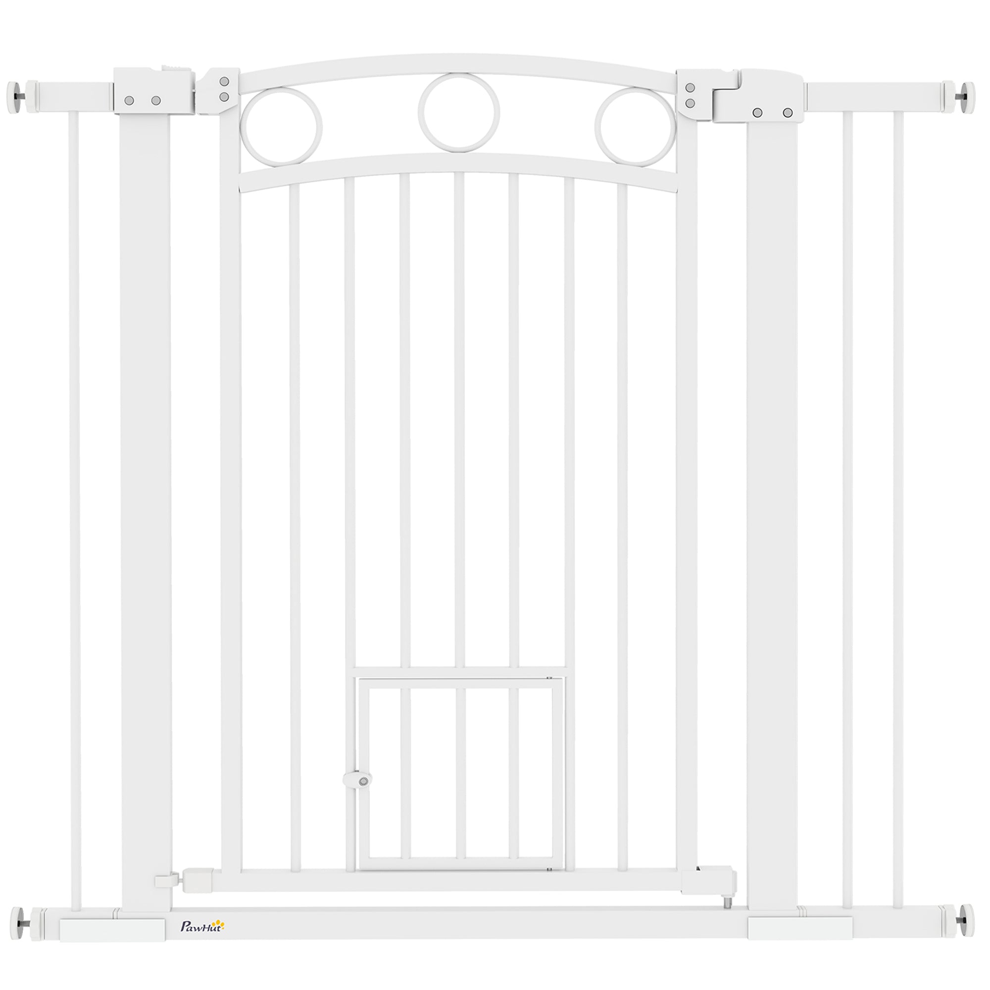 PawHut Stair Gate, 96cm Extra Tall Dog Gate with Adjustable Width, 76-104cm Pressure Fit Safety Gate with Cat Door, 7cm and 14cm Extensions, for Stairs, Doorways, Easy Installation, White