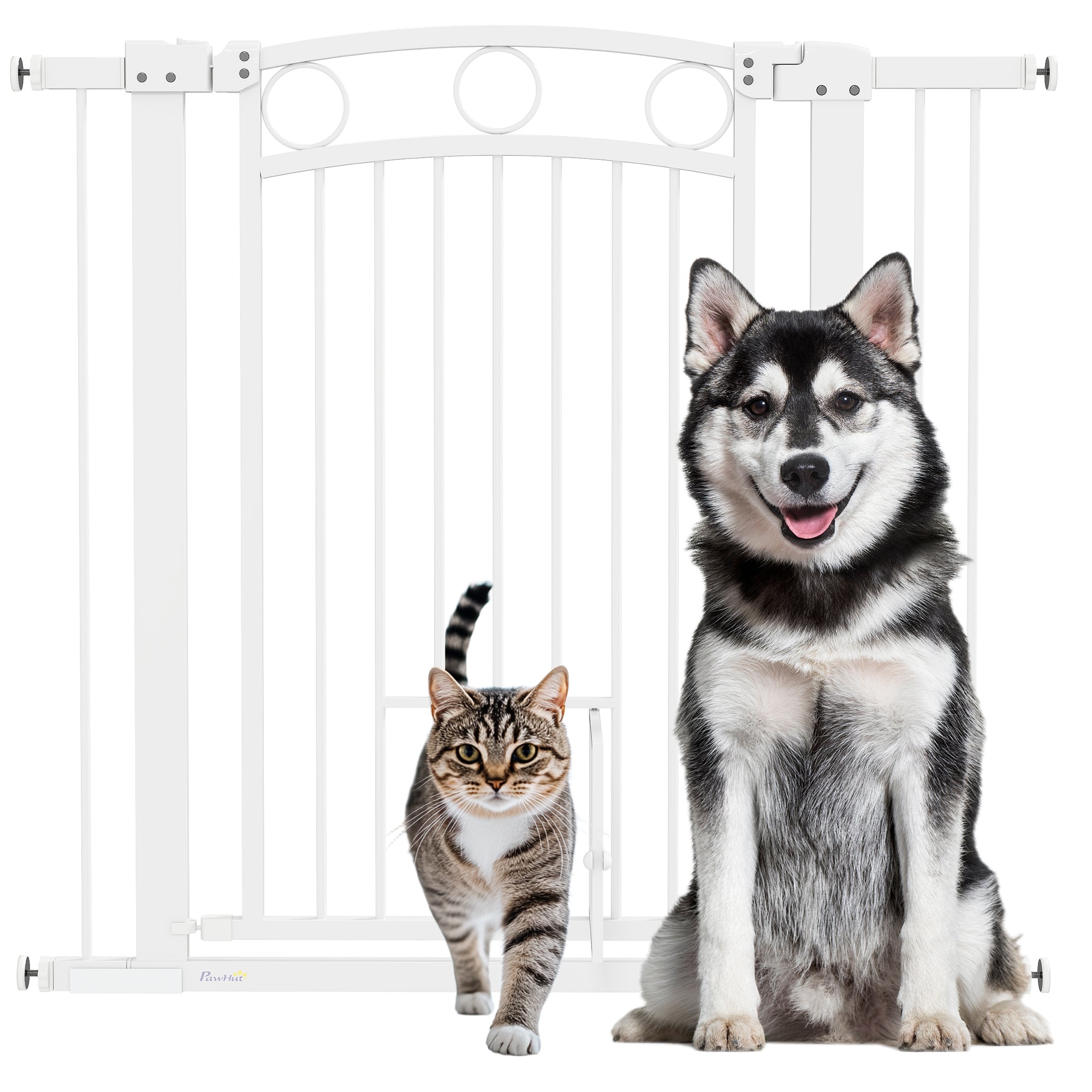 PawHut Stair Gate, 96cm Extra Tall Dog Gate with Adjustable Width, 76-104cm Pressure Fit Safety Gate with Cat Door, 7cm and 14cm Extensions, for Stairs, Doorways, Easy Installation, White