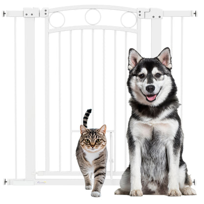 PawHut Stair Gate, 96cm Extra Tall Dog Gate with Adjustable Width, 76-104cm Pressure Fit Safety Gate with Cat Door, 7cm and 14cm Extensions, for Stairs, Doorways, Easy Installation, White