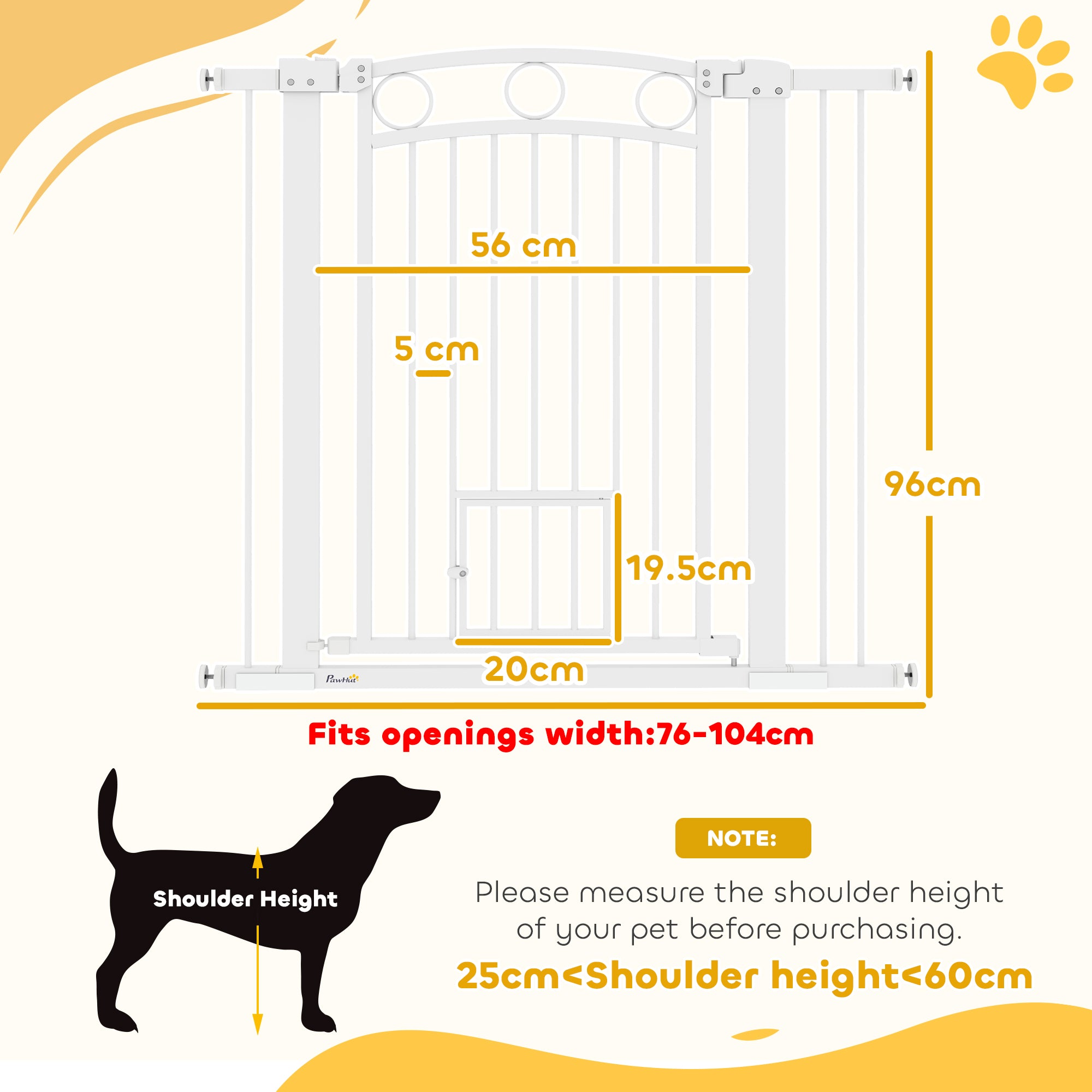 PawHut Stair Gate, 96cm Extra Tall Dog Gate with Adjustable Width, 76-104cm Pressure Fit Safety Gate with Cat Door, 7cm and 14cm Extensions, for Stairs, Doorways, Easy Installation, White