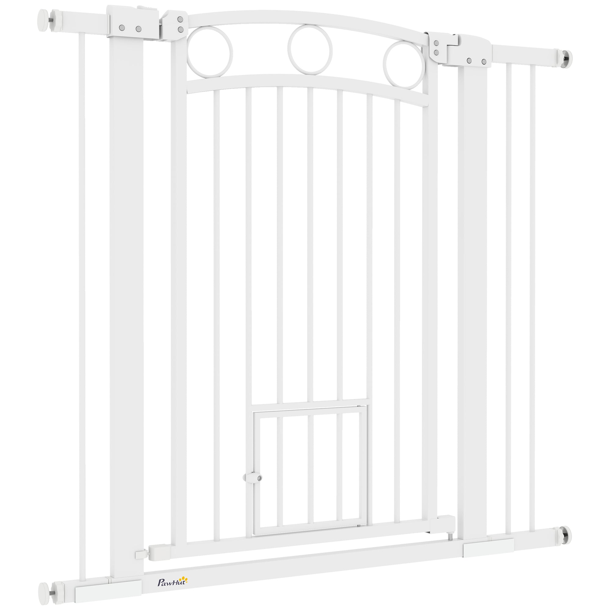 PawHut Stair Gate, 96cm Extra Tall Dog Gate with Adjustable Width, 76-104cm Pressure Fit Safety Gate with Cat Door, 7cm and 14cm Extensions, for Stairs, Doorways, Easy Installation, White