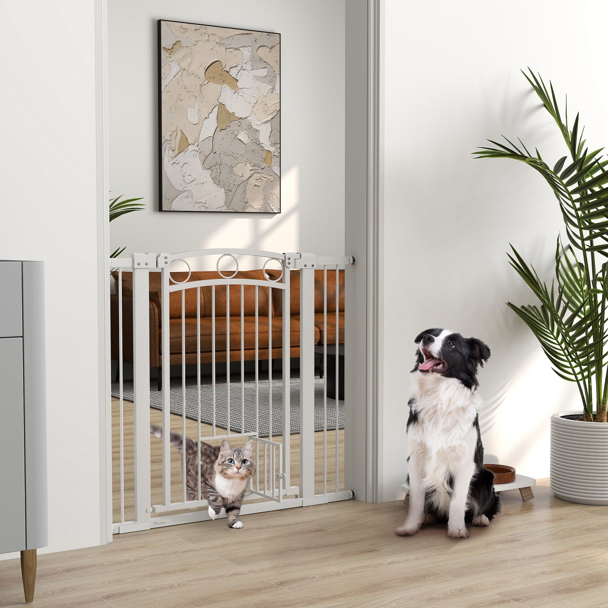 PawHut Stair Gate, 96cm Extra Tall Dog Gate with Adjustable Width, 76-104cm Pressure Fit Safety Gate with Cat Door, 7cm and 14cm Extensions, for Stairs, Doorways, Easy Installation, White
