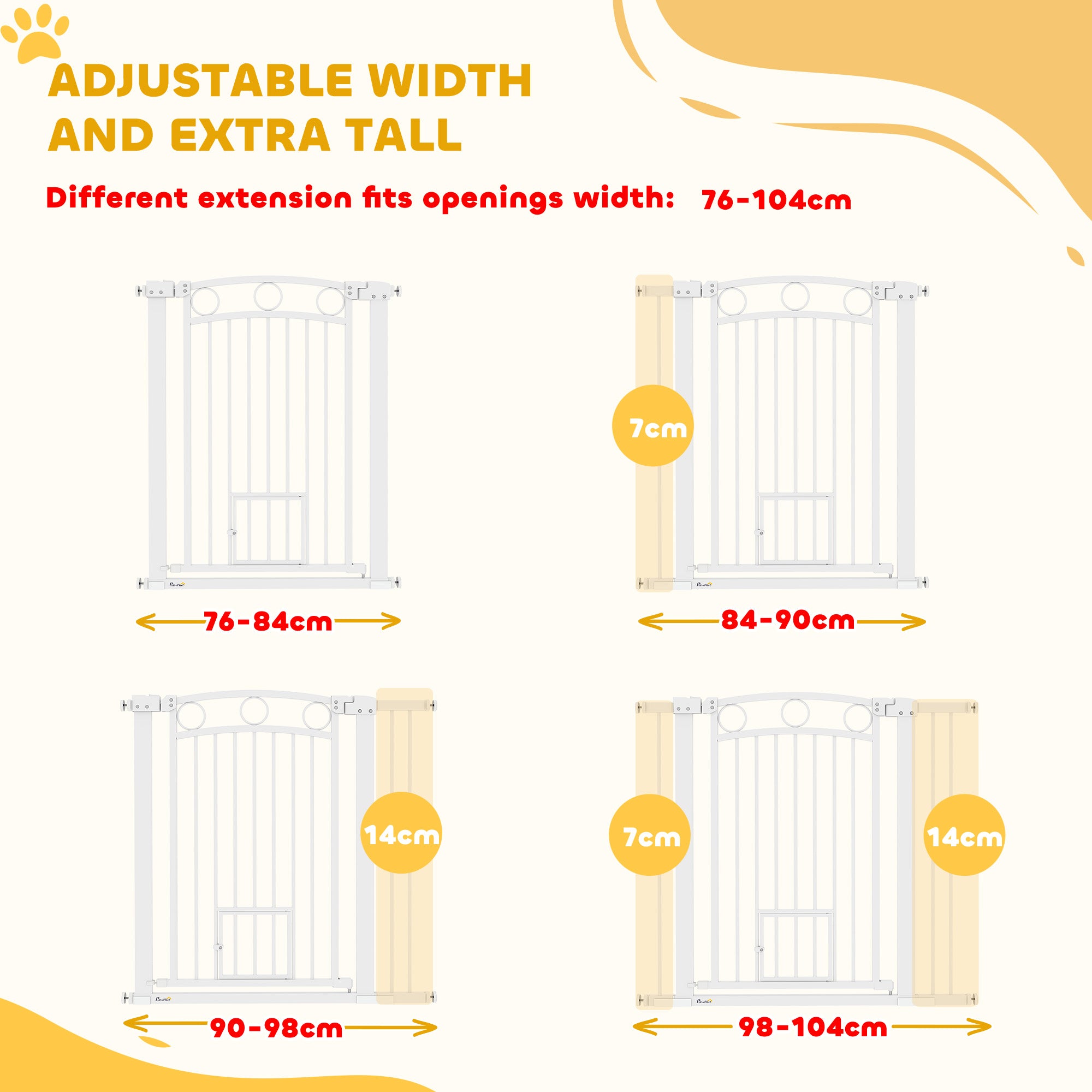 PawHut Stair Gate, 96cm Extra Tall Dog Gate with Adjustable Width, 76-104cm Pressure Fit Safety Gate with Cat Door, 7cm and 14cm Extensions, for Stairs, Doorways, Easy Installation, White