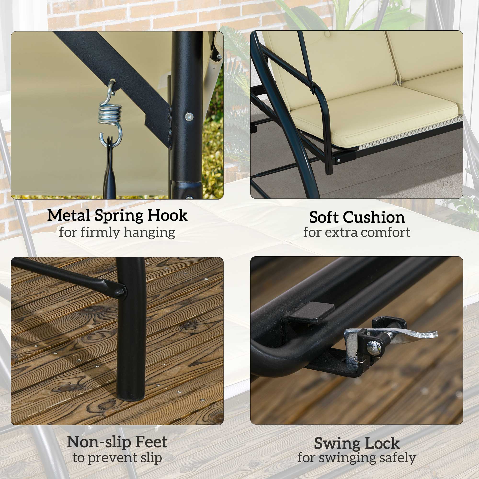 Outsunny 3 Seater Patio Swing Chair Convertible Cushioned Porch Swing Bed Outdoor Swing with Canopy Beige